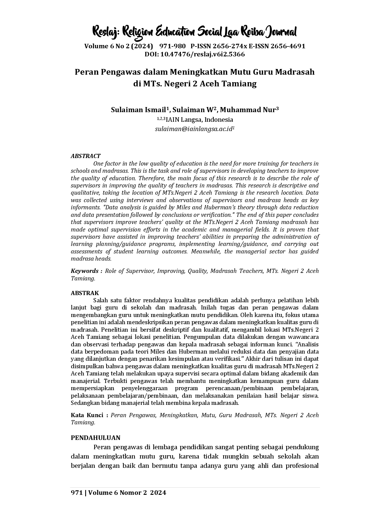 juris Peran Pengawas dalam Meningkatkan Mutu Guru Madrasah di MTs Negeri 2 Aceh Tamiang