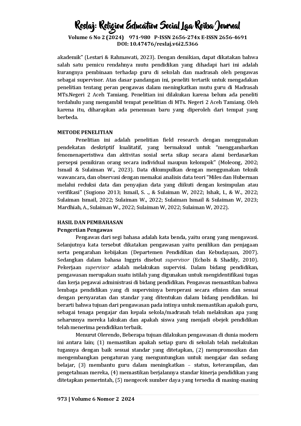 juris Peran Pengawas dalam Meningkatkan Mutu Guru Madrasah di MTs Negeri 2 Aceh Tamiang