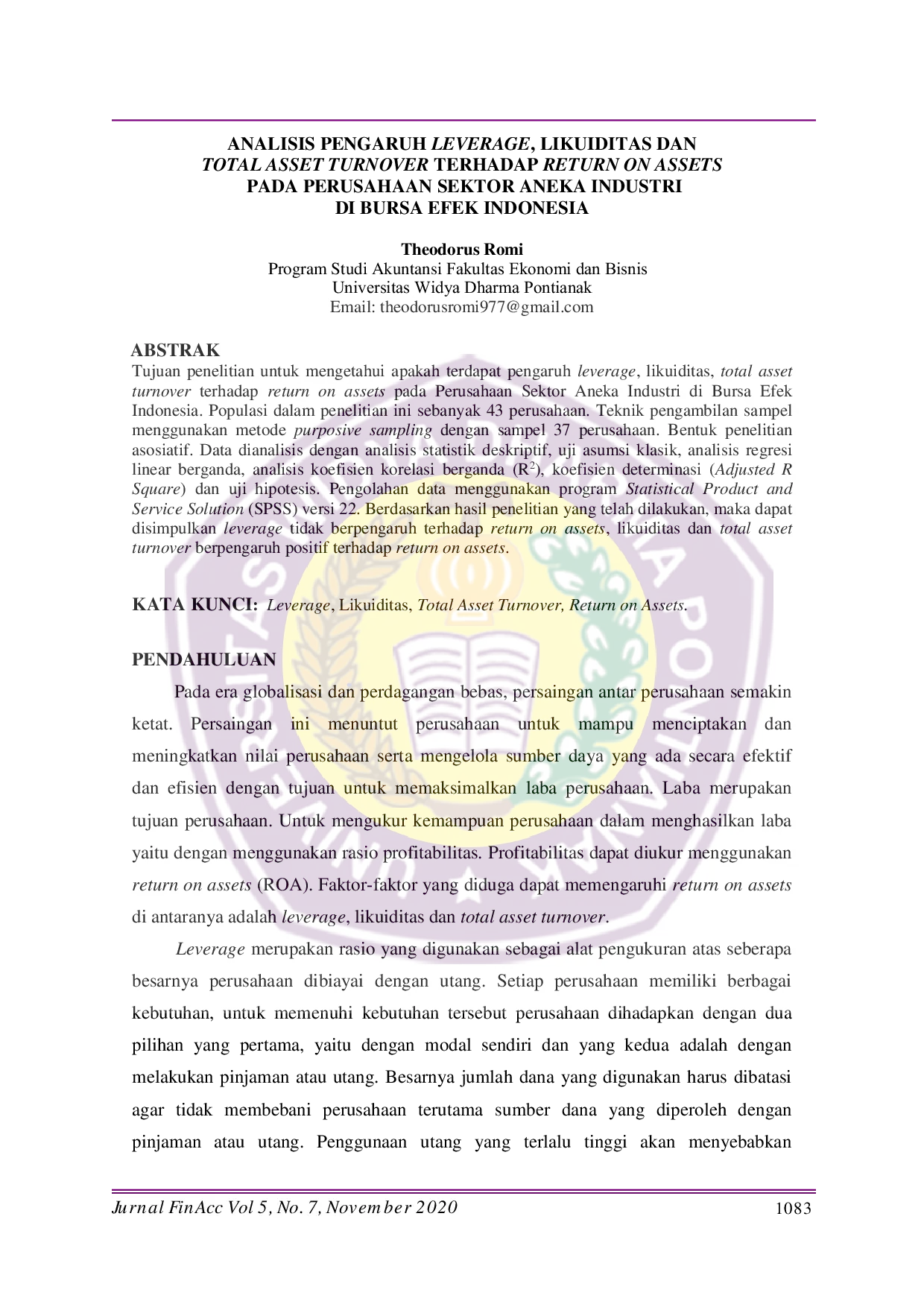 JURIS Analisis Pengaruh Leverage Likuiditas Dan Total Asset Turnover Terhadap Return On Assets Pada Perusahaan Sektor Aneka Industri Di Bursa Efek Indonesia