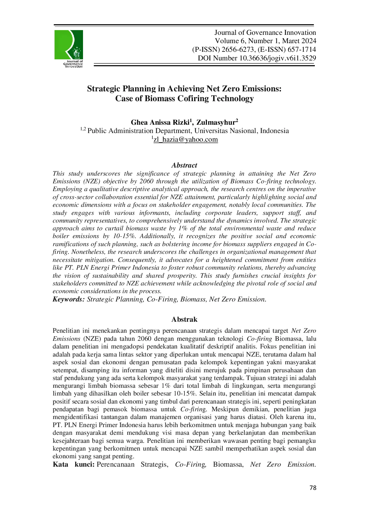 JURIS Strategic Planning In Achieving Net Zero Emissions Case Of Biomass Cofiring Technology