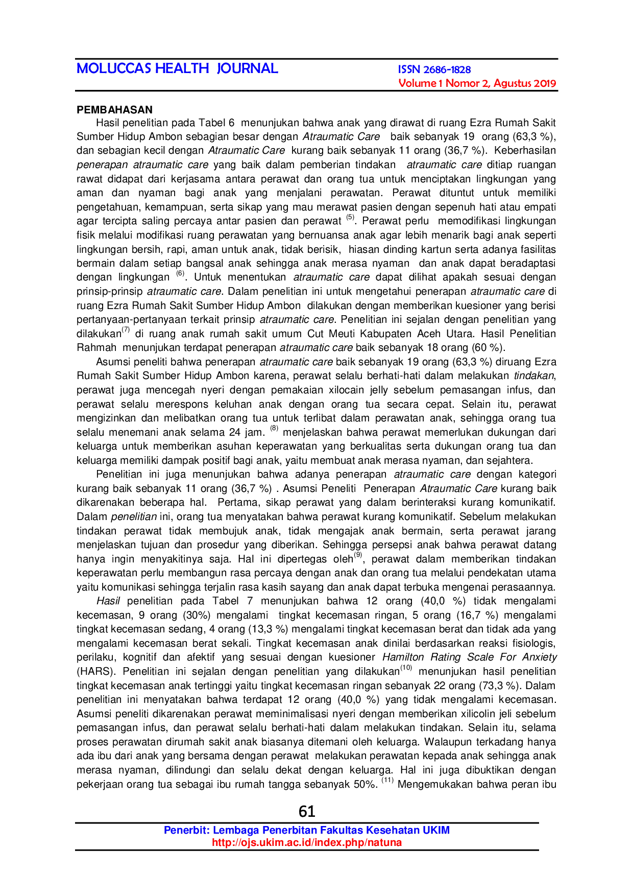 JURIS Atraumatic Care Dapat Menurunkan Tingkat Kecemasan Anak Di Ruang Ezra Rumah Sakit Sumber Hidup Ambon