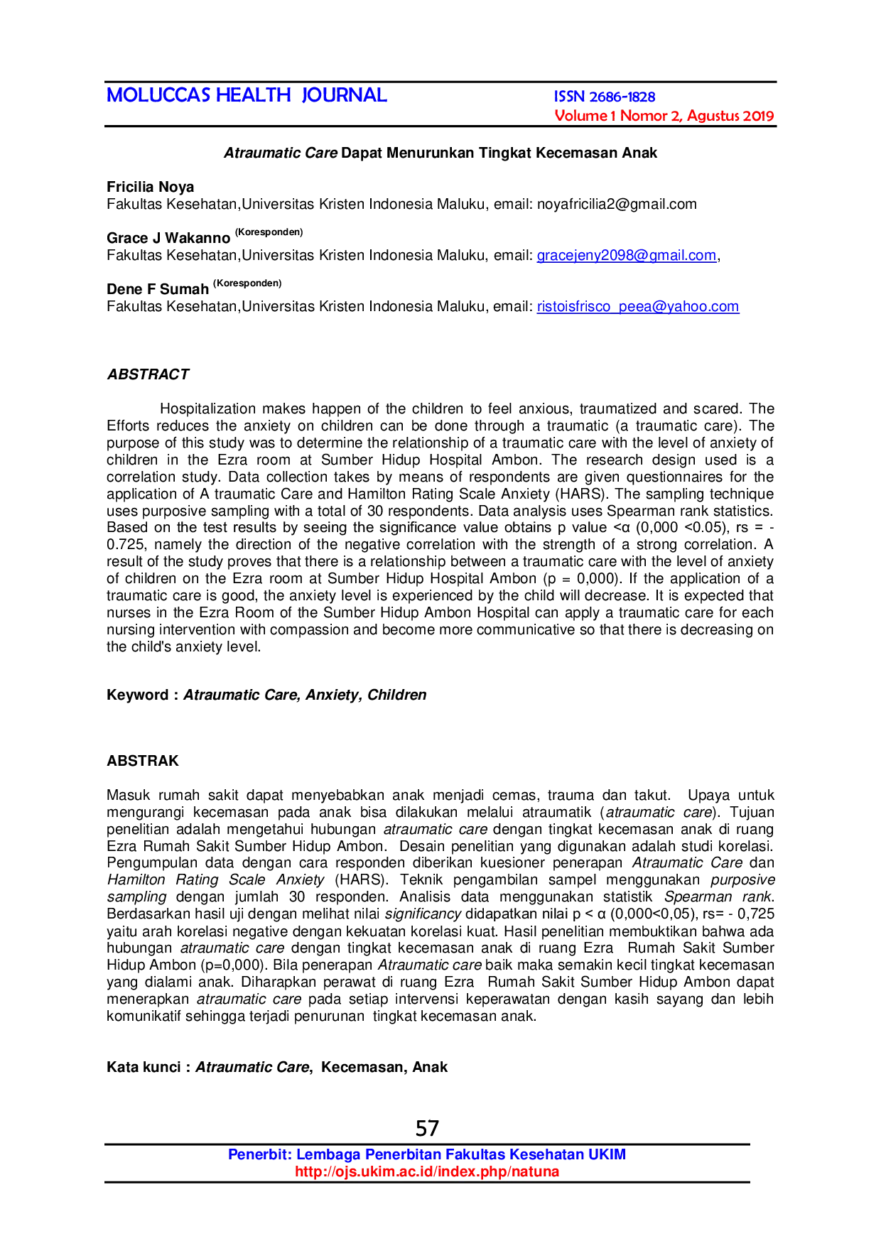 JURIS Atraumatic Care Dapat Menurunkan Tingkat Kecemasan Anak Di Ruang Ezra Rumah Sakit Sumber Hidup Ambon