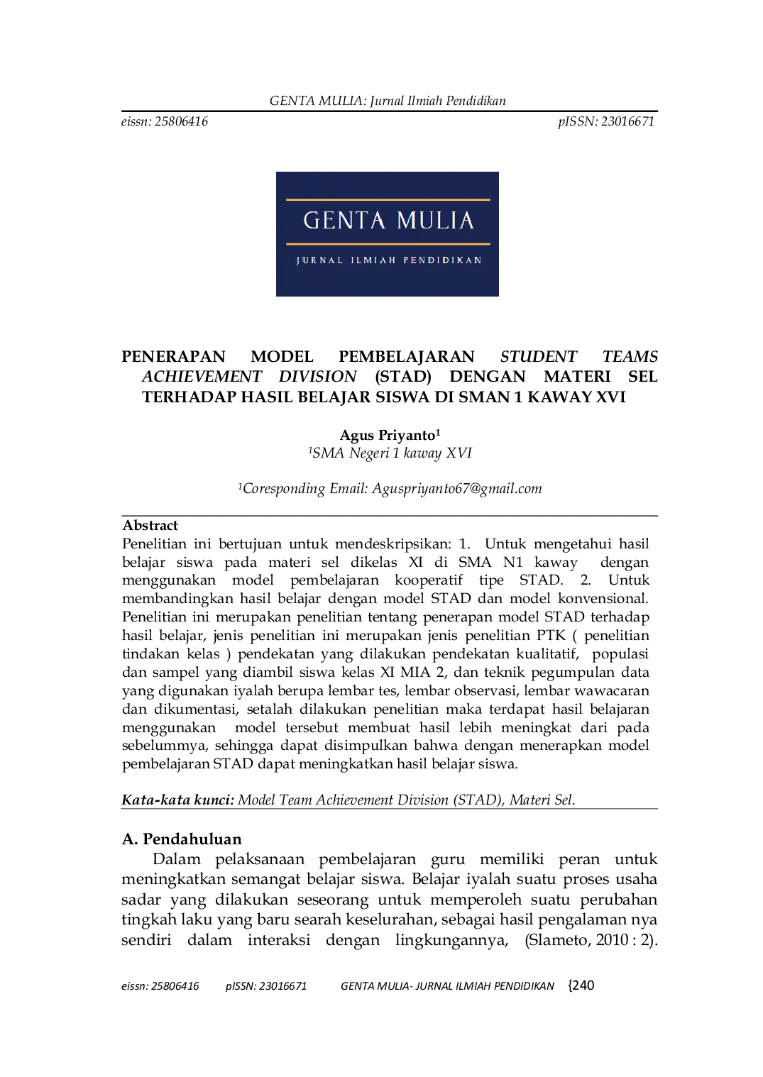 JURIS Penerapan Model Pembelajaran Student Teams Achievement Division Stad Terhadap Hasil Belajar Siswa di SMAN 1 Kaway XVI Pembelajaran Materi Sel