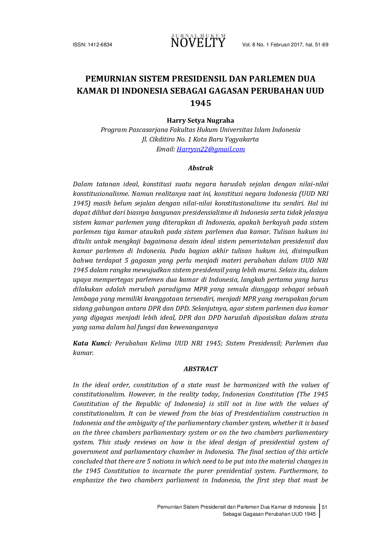 juris Pemurnian Sistem Presidensil dan Parlemen Dua Kamar di Indonesia Sebagai Gagasan Perubahan UUD 1945