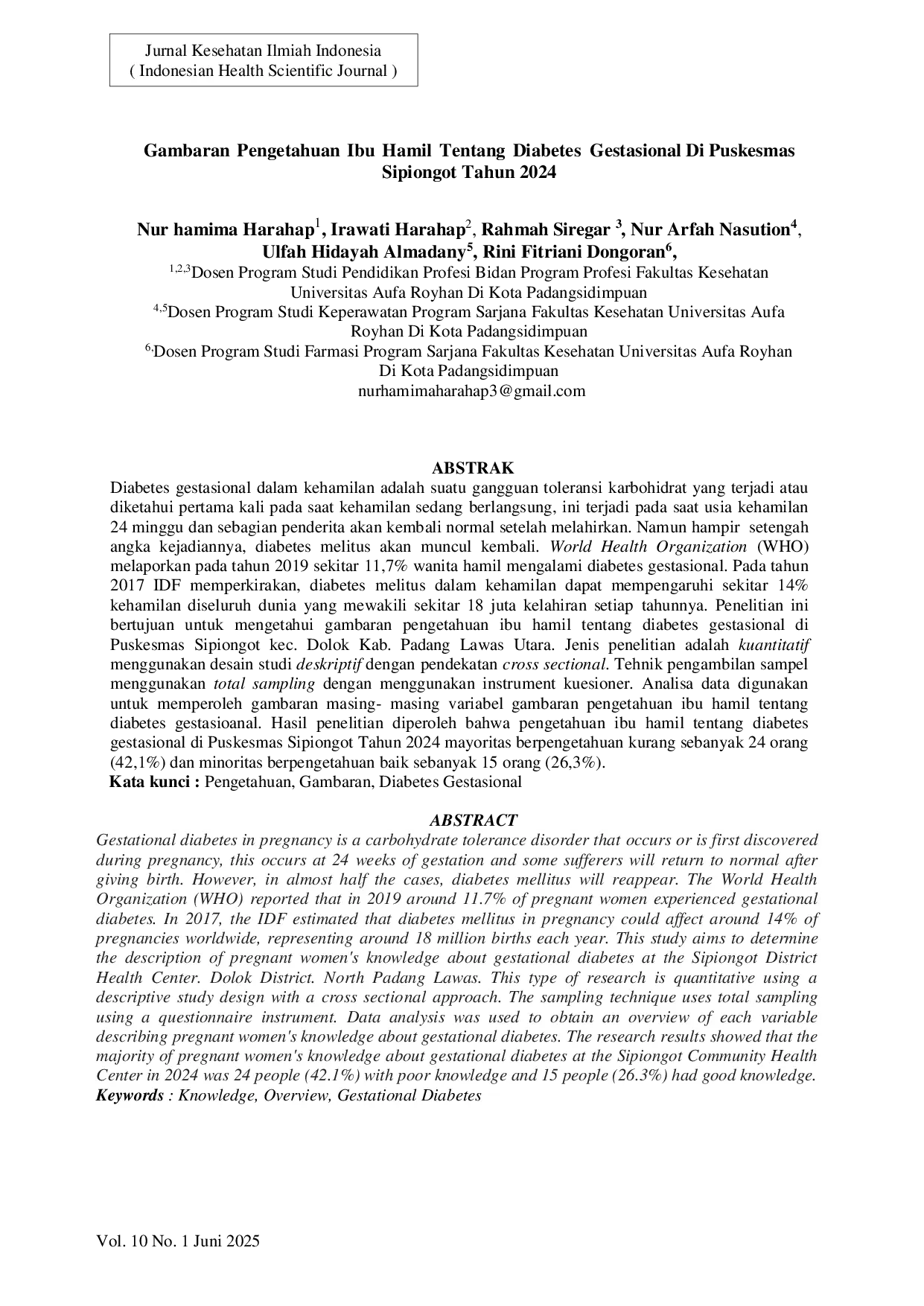 JURIS Gambaran Pengetahuan Ibu Hamil Tentang Diabetes Gestasional Di Puskesmas Sipiongot Tahun 2024
