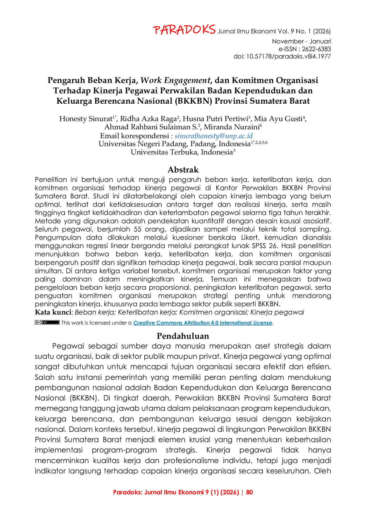 JURIS Pengaruh Beban Kerja Work Engagement dan Komitmen Organisasi Terhadap Kinerja Pegawai Perwakilan Badan Kependudukan dan Keluarga Berencana Nasional BKKBN Provinsi Sumatera Barat