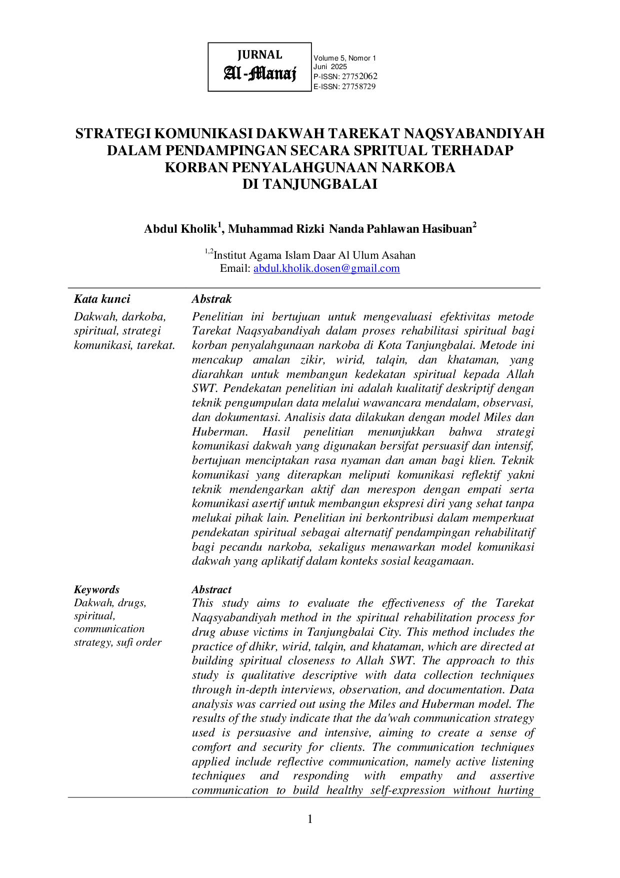 JURIS Strategi Komunikasi Dakwah Tarekat Naqsyabandiyah Dalam Pendampingan Secara Spritual Terhadap Korban Penyalahgunaan Narkoba Di Tanjungbalai