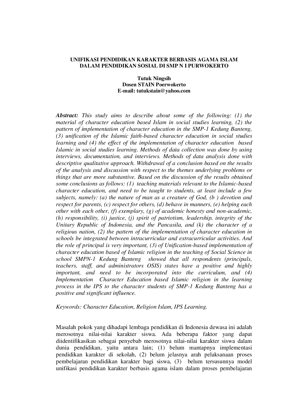 juris Unifikasi Pendidikan Karakter Berbasis Agama Islam dalam Pendidikan Sosial di SMPN 1 Purwokerto