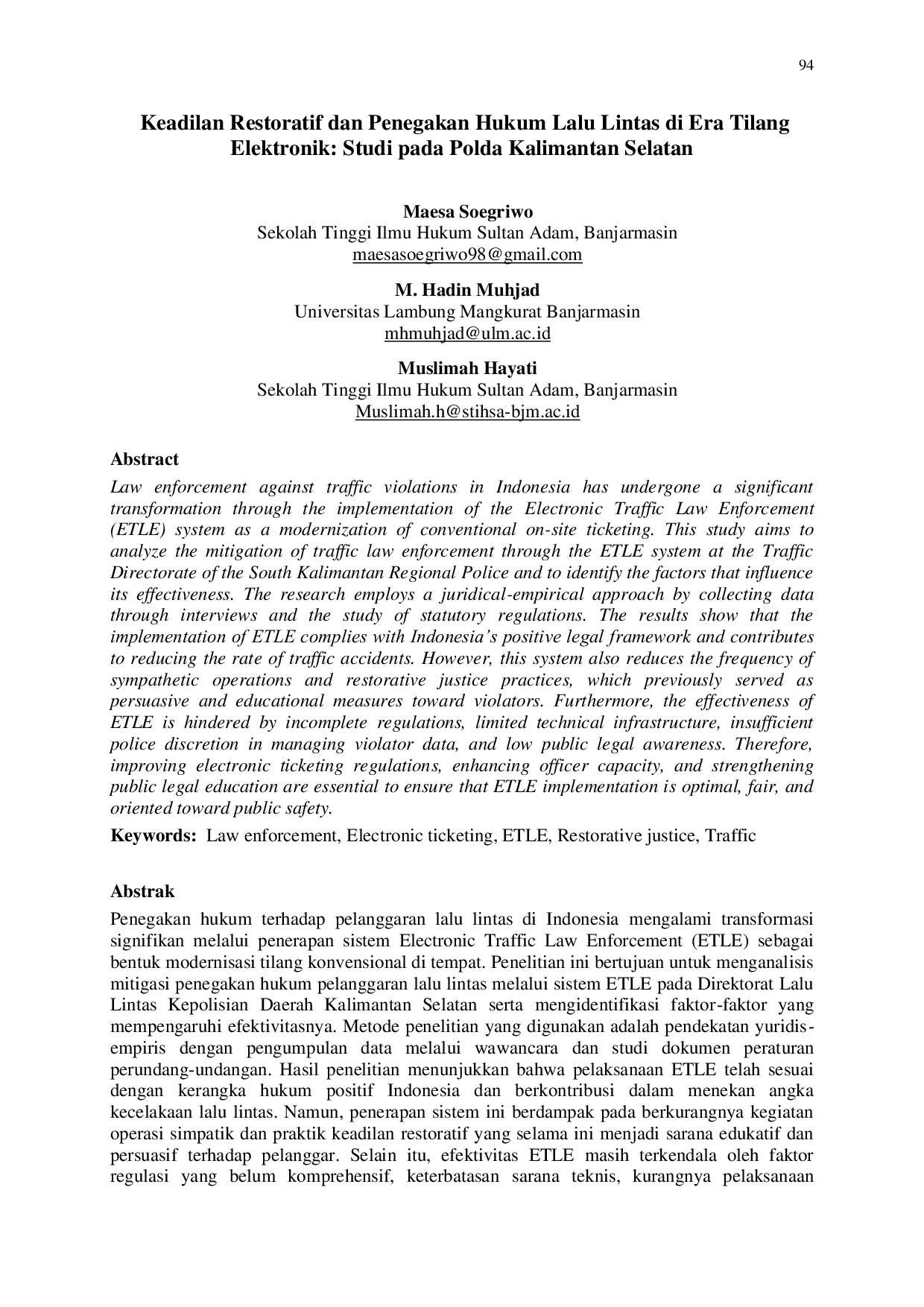 JURIS Keadilan Restoratif dan Penegakan Hukum Lalu Lintas di Era Tilang Elektronik Studi pada Polda Kalimantan Selatan