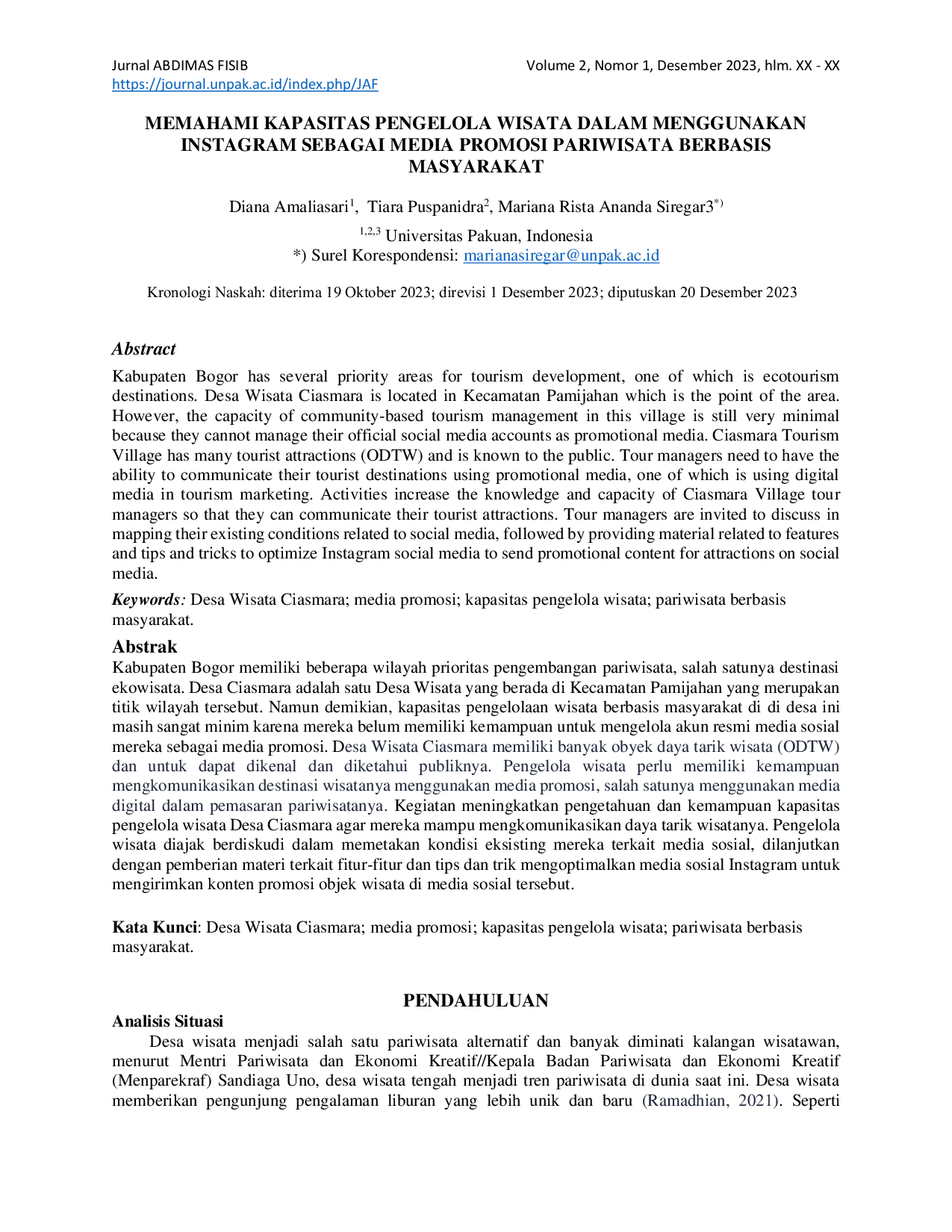 JURIS Memahami Kapasitas Pengelola Wisata dalam Menggunakan Instagram Sebagai Media Promosi Pariwisata Berbasis Masyarakat