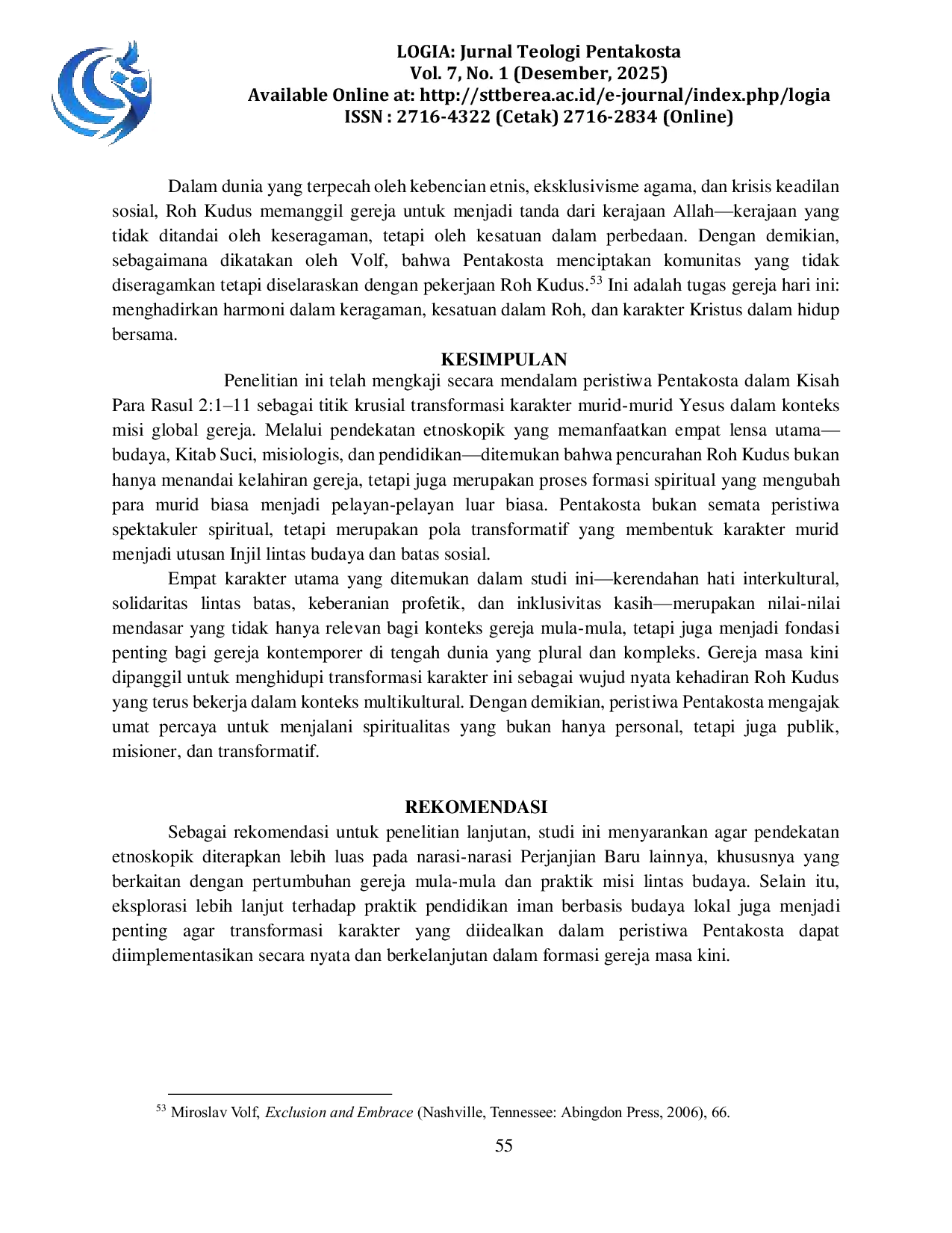JURIS Pentakosta Sebagai Transformasi Karakter Orang Percaya Kajian Etnoskopik Dalam Kisah Para Rasul 2 1 11