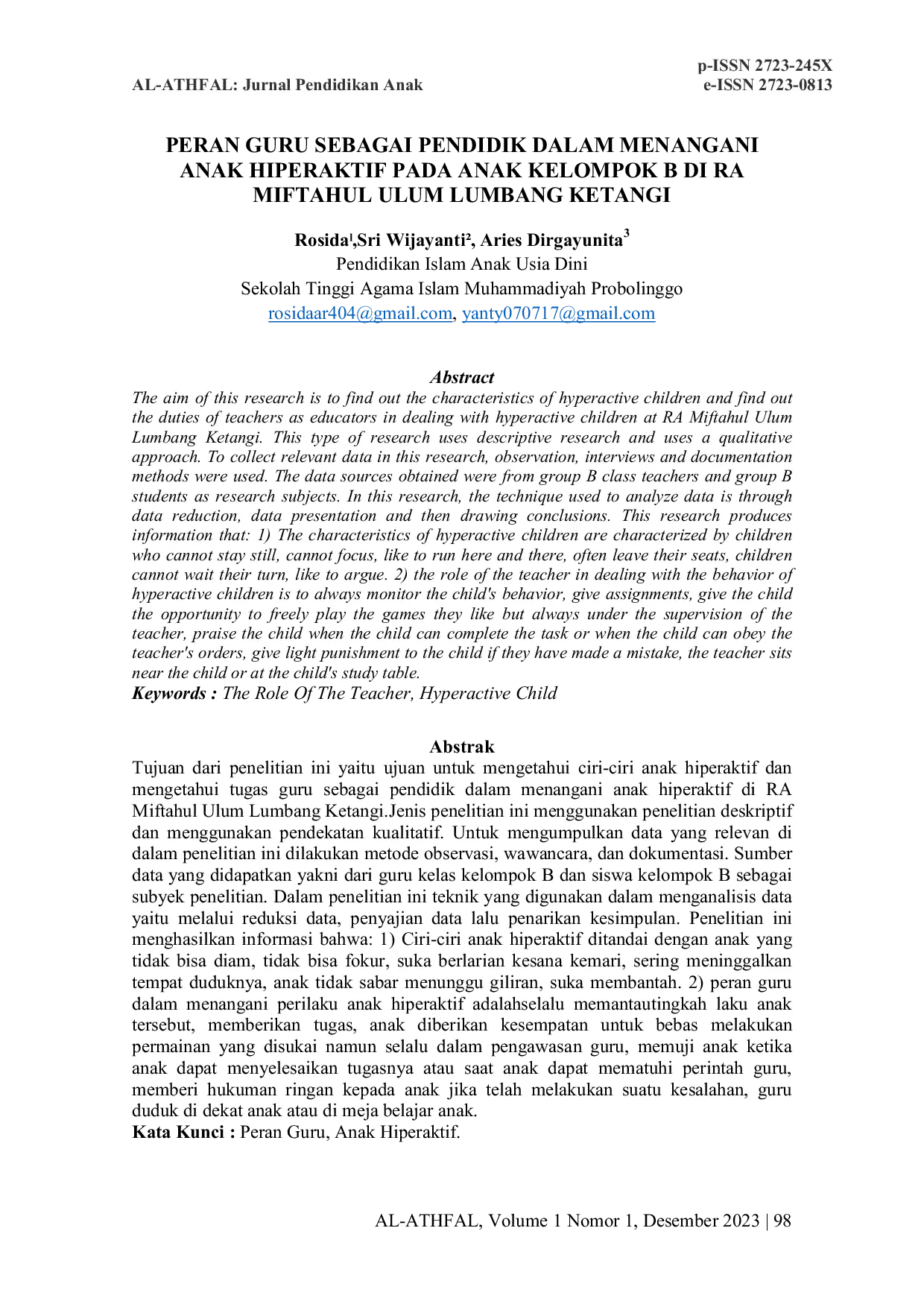 JURIS Peran Guru Sebagai Pendidik Dalam Menangani Anak Hiperaktif Pada Anak Kelompok B Di Ra Miftahul Ulum Lumbang Ketangi
