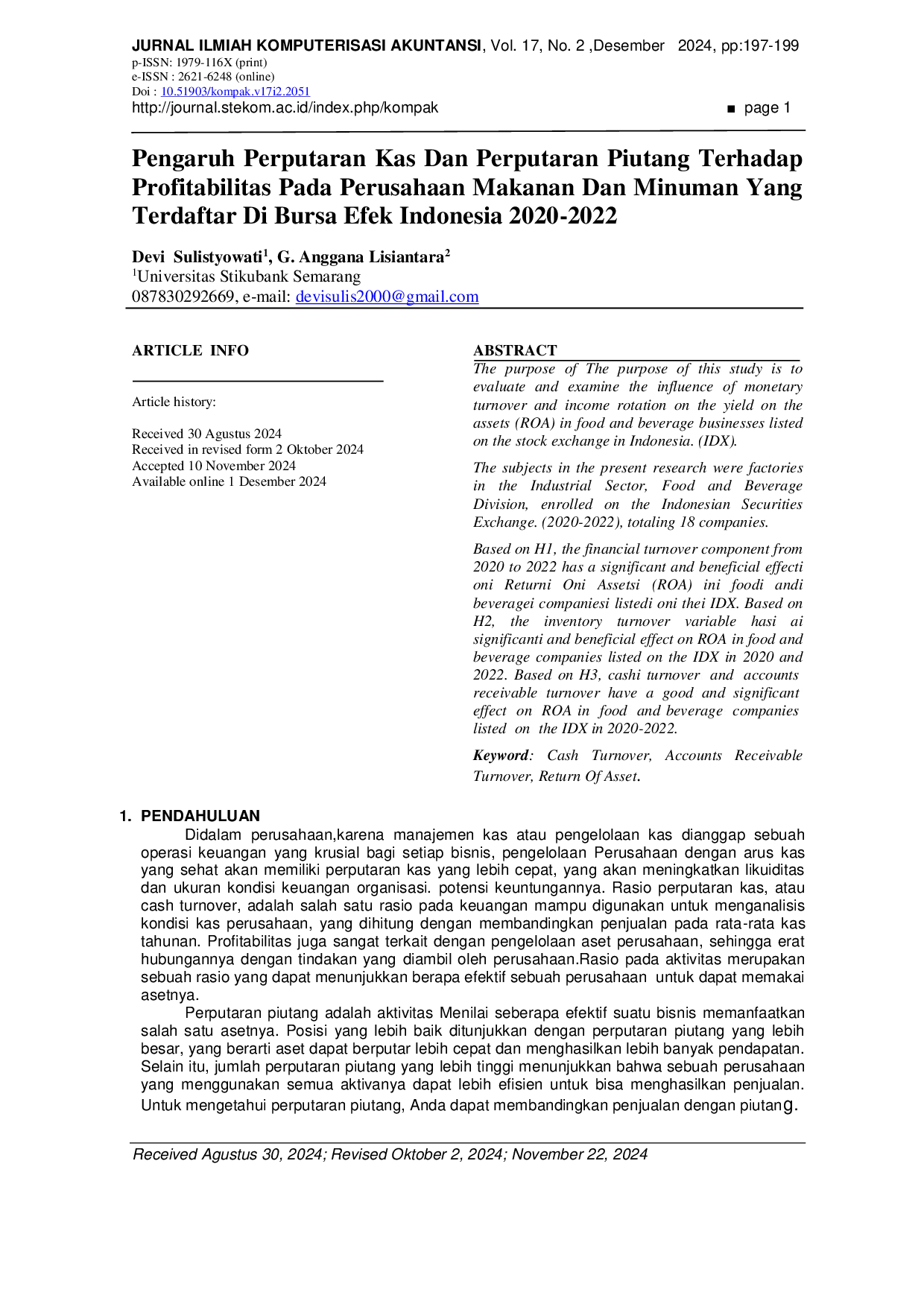 JURIS Pengaruh Perputaran Kas Dan Perputaran Piutang Terhadap Profitabilitas Pada Perusahaan Makanan Dan Minuman Yang Terdaftar Di Bursa Efek Indonesia 2020 2022