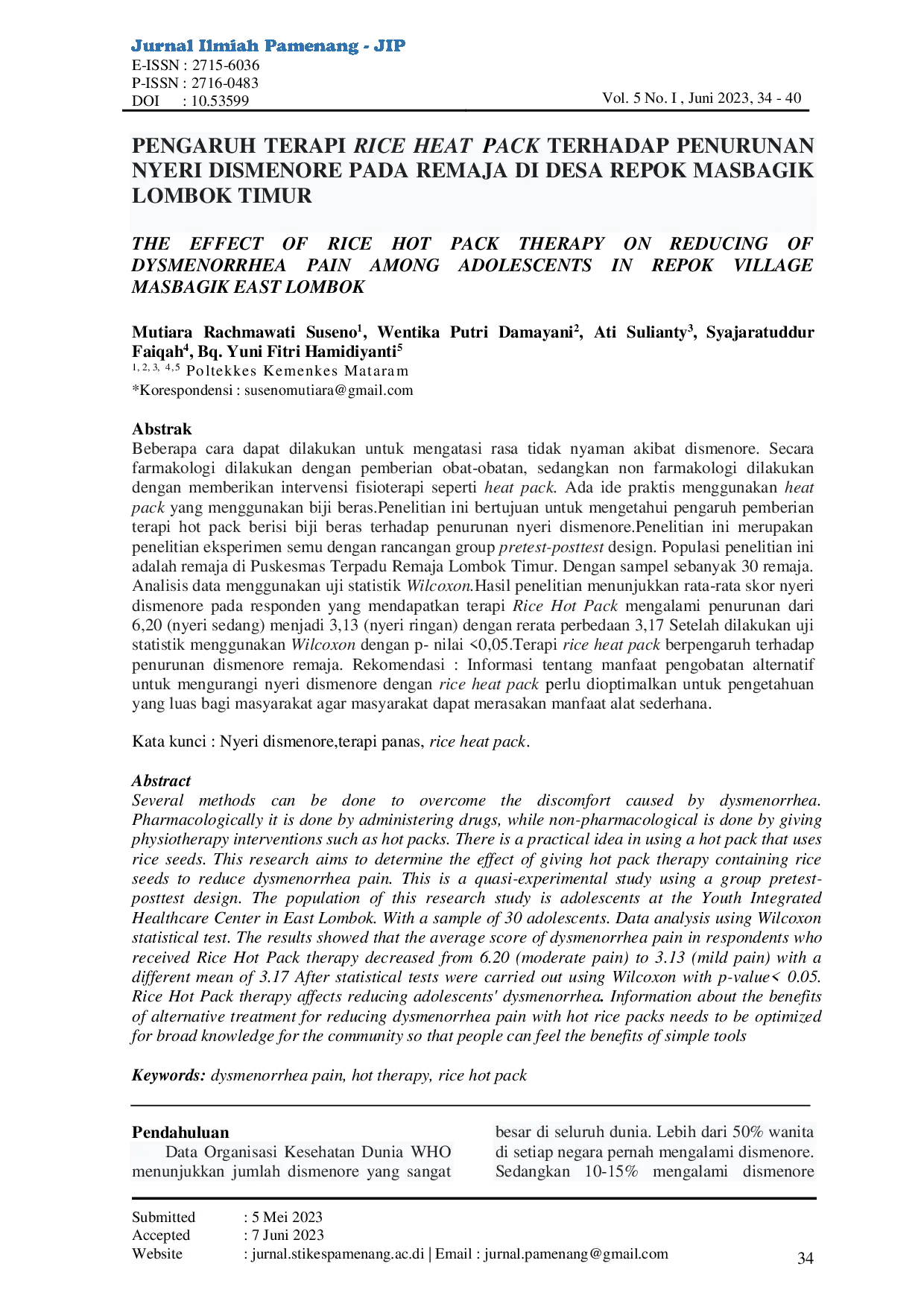 JURIS Pengaruh Terapi Rice Heat Pack Terhadap Penurunan Nyeri Dismenore Pada Remaja Di Desa Repok Masbagik Lombok Timur