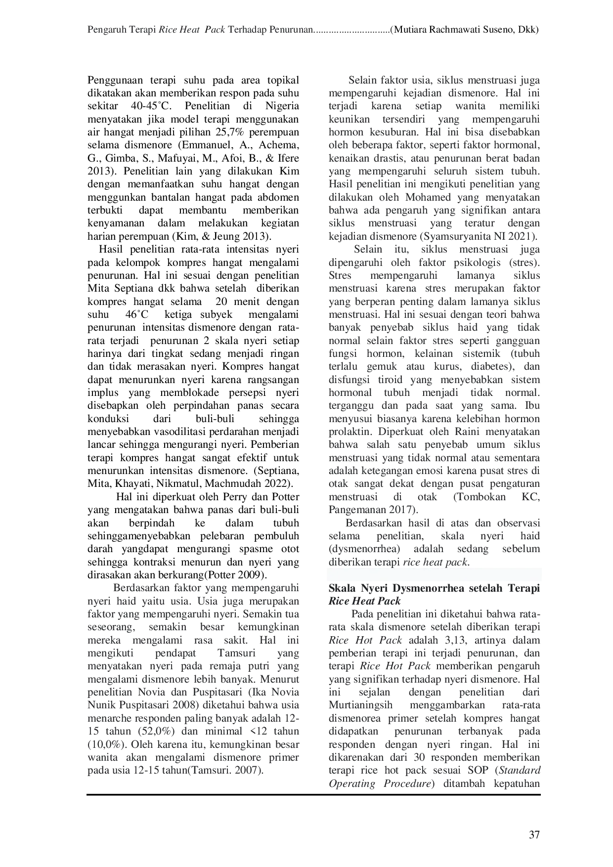 JURIS Pengaruh Terapi Rice Heat Pack Terhadap Penurunan Nyeri Dismenore Pada Remaja Di Desa Repok Masbagik Lombok Timur