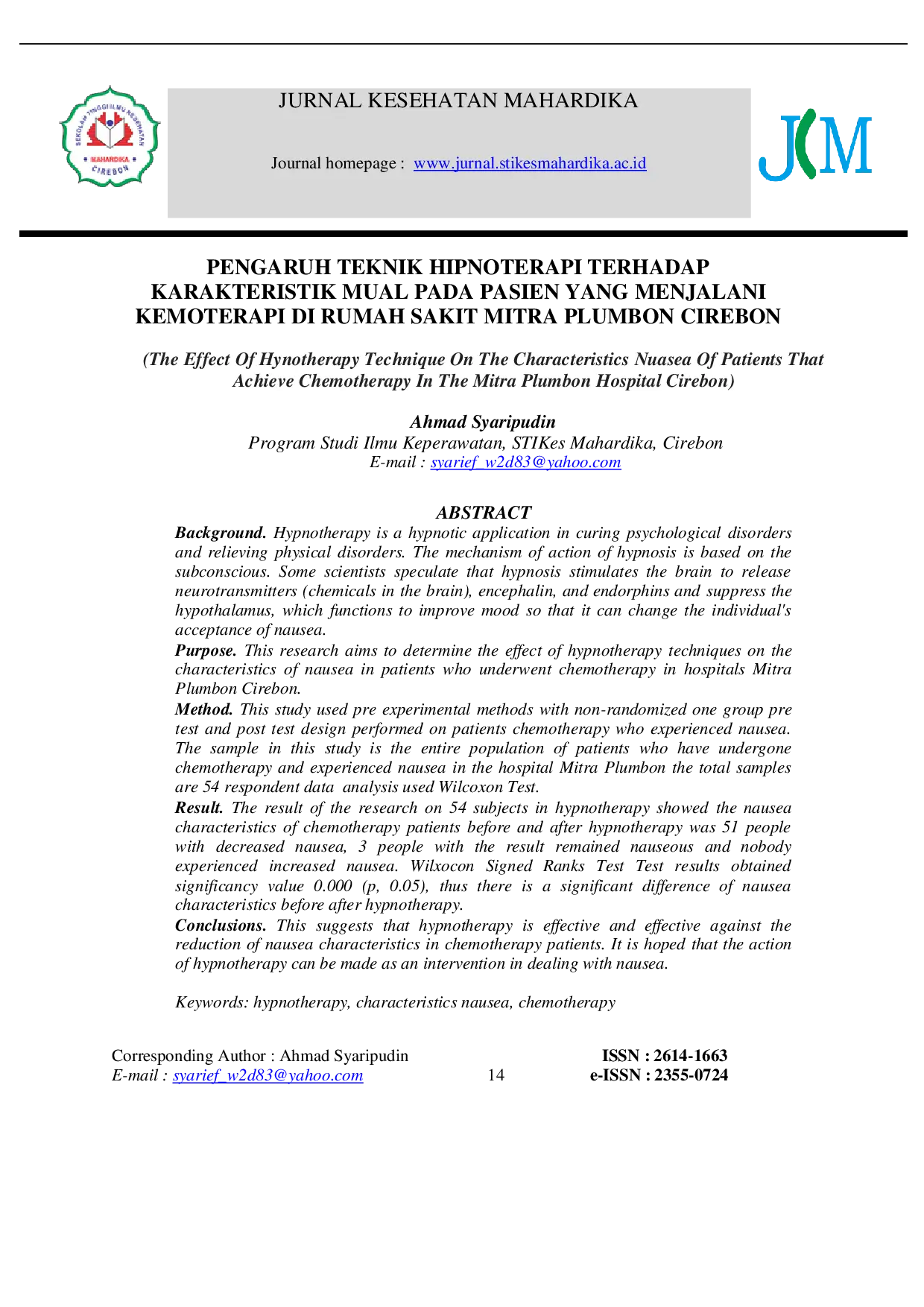 juris Pengaruh Teknik Hipnoterapi Terhadap Karakteristik Mual Pada Pasien Yang Menjalani Kemoterapi Di Rumah Sakit Mitra Plumbon Cirebon