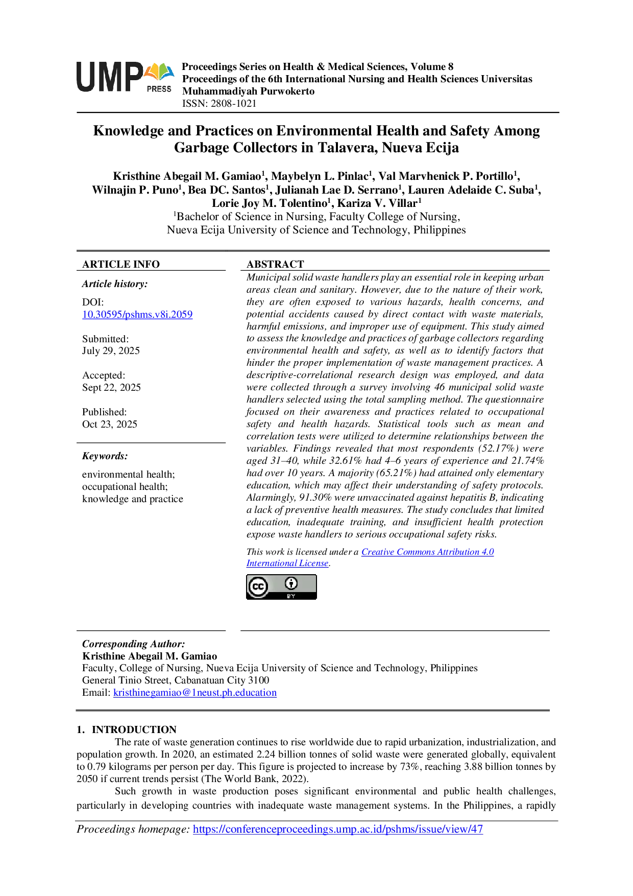 JURIS Knowledge and Practices on Environmental Health and Safety Among Garbage Collectors in Talavera Nueva Ecija