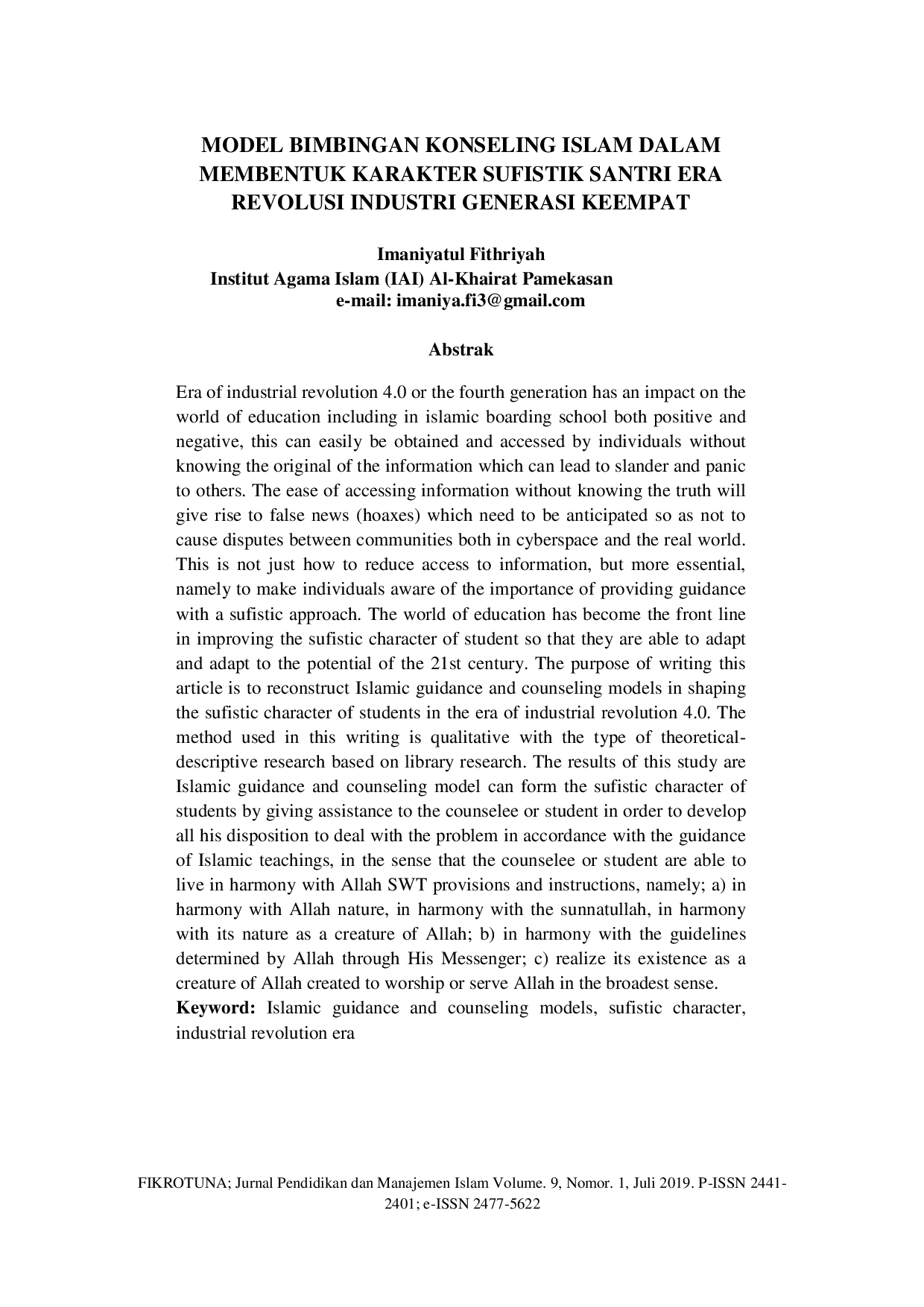 JURIS Model Bimbingan Konseling Islam Dalam Membentuk Karakter Sufistik Santri Era Revolusi Industri Generasi Keempat