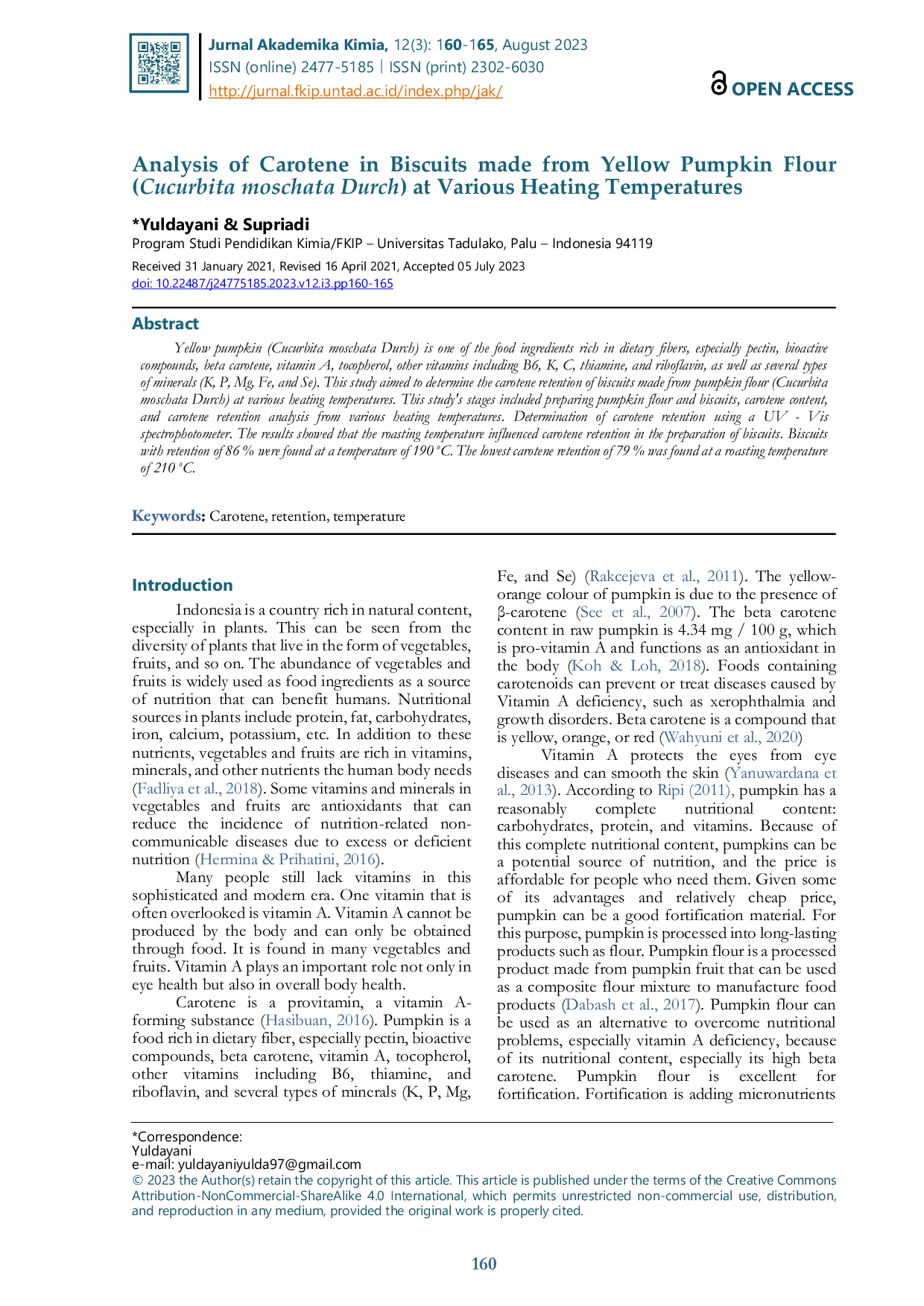 JURIS Analisis Karoten pada Biskuit yang Dibuat dari Tepung Labu Kuning Cucurbita moschata Durch pada Berbagai Suhu Pemanasan