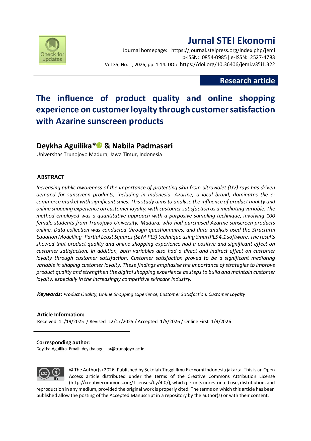 JURIS The influence of product quality and online shopping experience on customer loyalty through customer satisfaction with Azarine sunscreen products