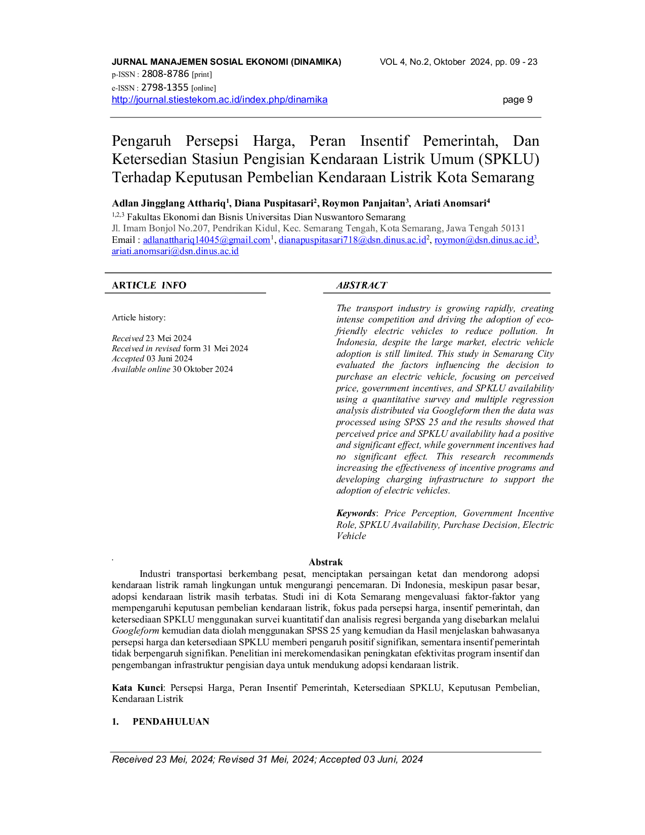 JURIS Pengaruh Persepsi Harga Peran Insentif Pemerintah Dan Ketersediaan Stasiun Pengisian Kendaraan Listrik Umum SPKLU Terhadap Keputusan Pembelian Kendaraan Listrik Kota Semarang