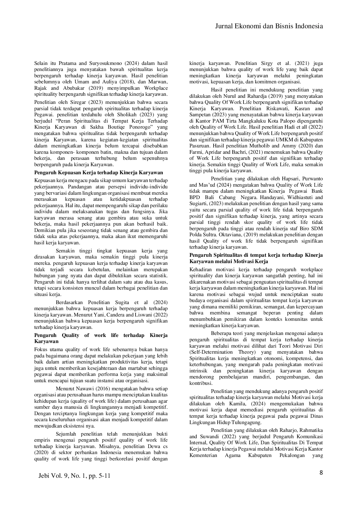 JURIS Peran Motivasi Sebagai Mediator Terhadap Kinerja Karyawan Dengan Spiritualitas Di Tempat Kerja Kepuasan Kerja Dan Quality Of Work Life