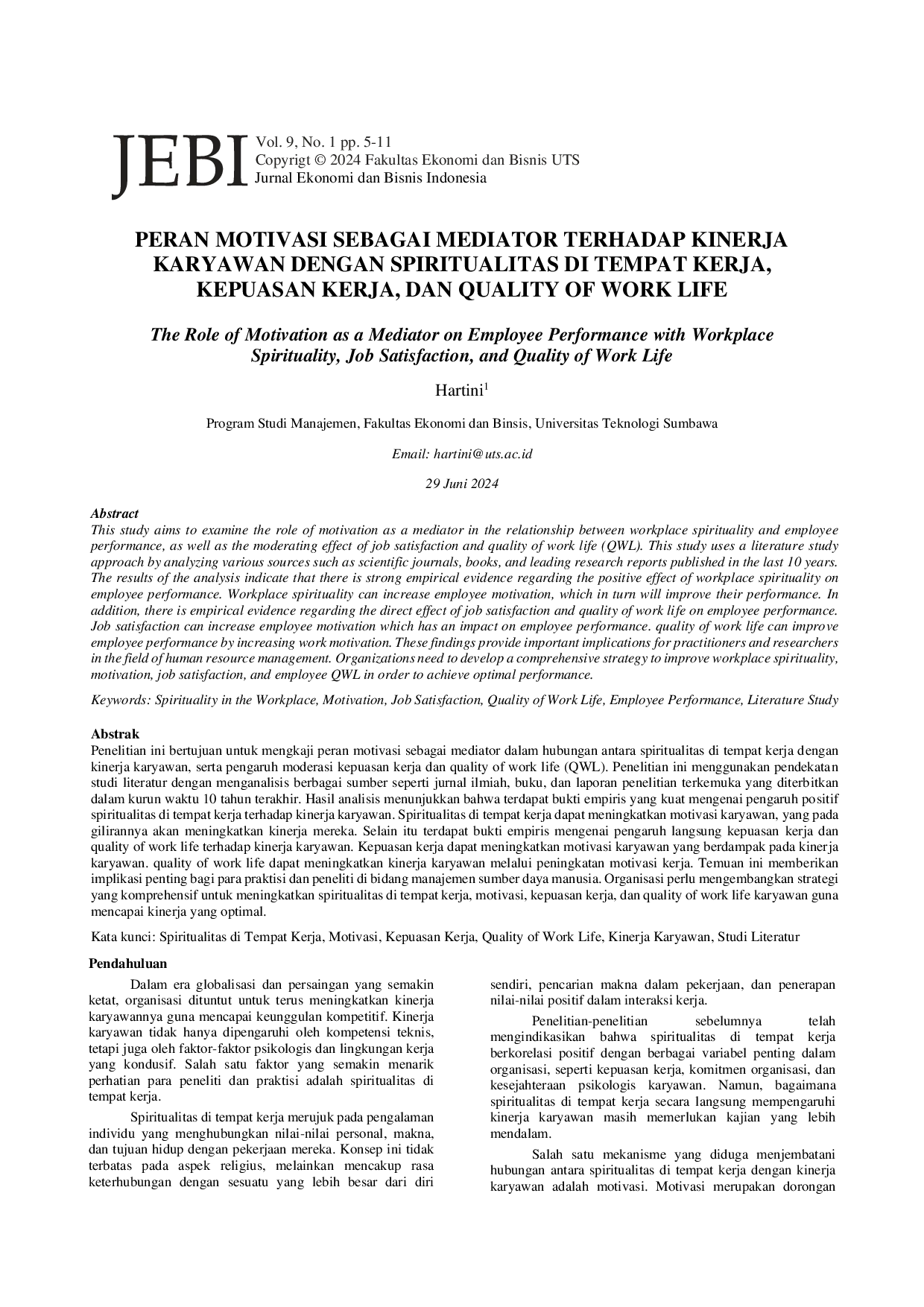 JURIS Peran Motivasi Sebagai Mediator Terhadap Kinerja Karyawan Dengan Spiritualitas Di Tempat Kerja Kepuasan Kerja Dan Quality Of Work Life