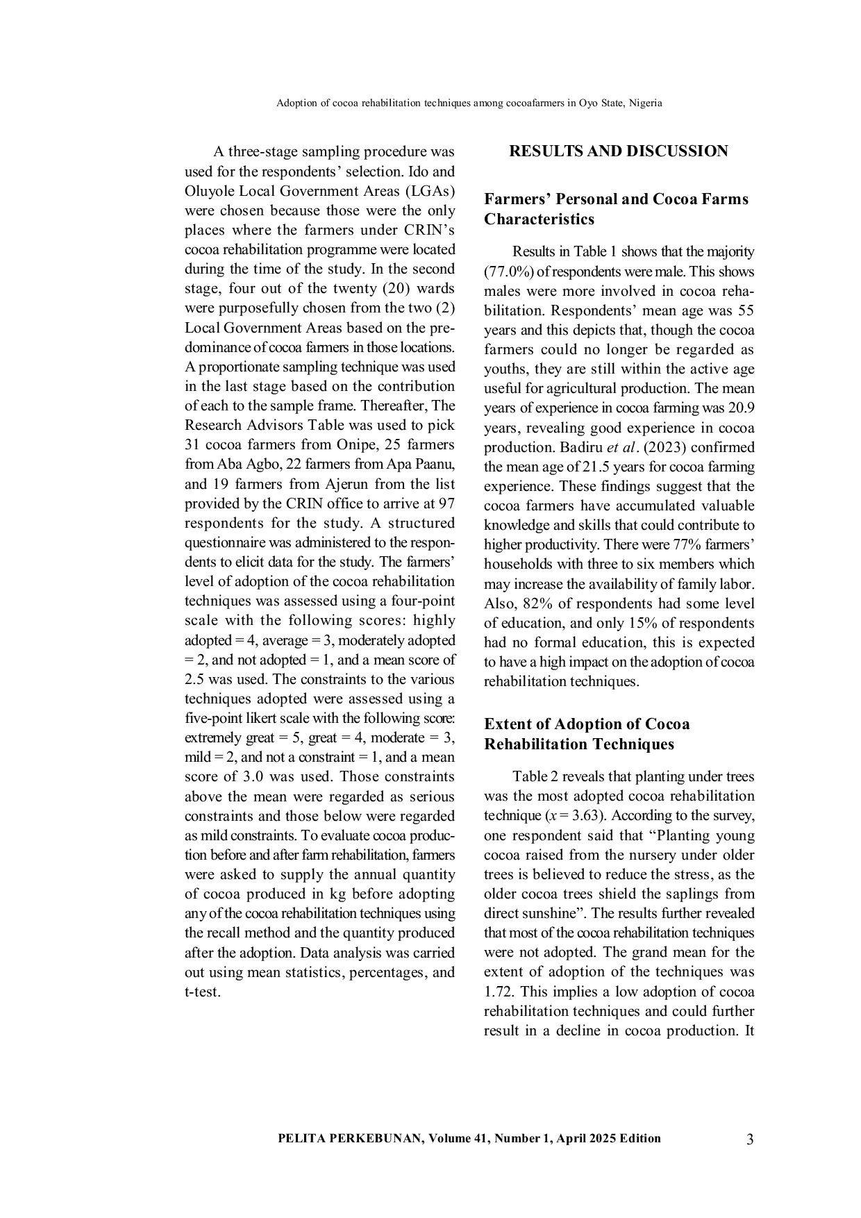 JURIS Adopsi Teknik Rehabilitasi Kakao Di Kalangan Petani Kakao Di Negara Bagian Oyo Nigeria