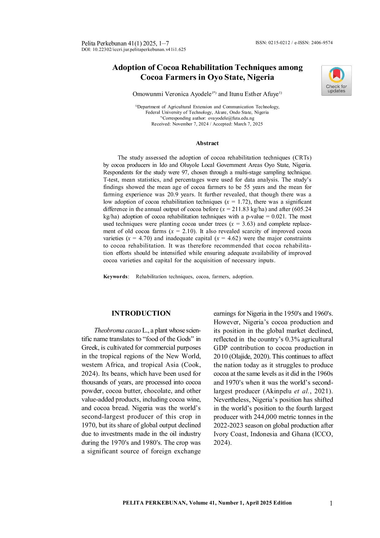 JURIS Adopsi Teknik Rehabilitasi Kakao Di Kalangan Petani Kakao Di Negara Bagian Oyo Nigeria