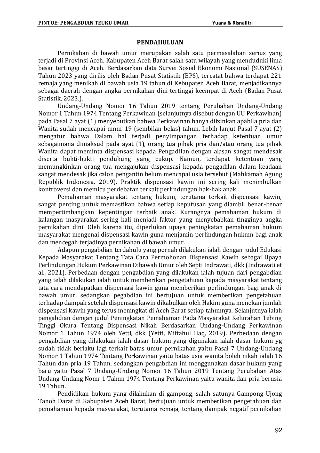 JURIS Peningkatan Pemahaman Hukum Masyarakat Tentang Dispensasi Kawin Guna Menjamin Perlindungan Hukum Bagi Anak