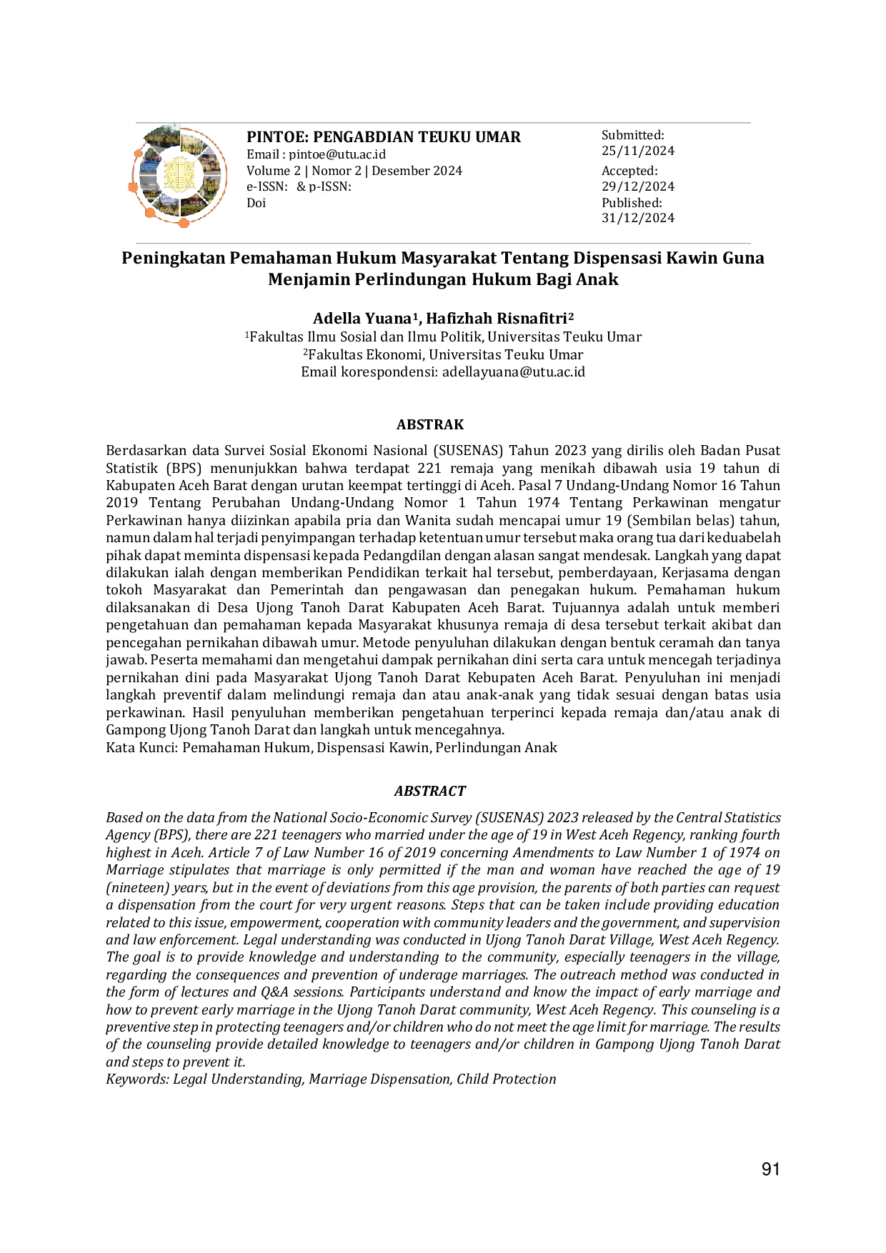 JURIS Peningkatan Pemahaman Hukum Masyarakat Tentang Dispensasi Kawin Guna Menjamin Perlindungan Hukum Bagi Anak