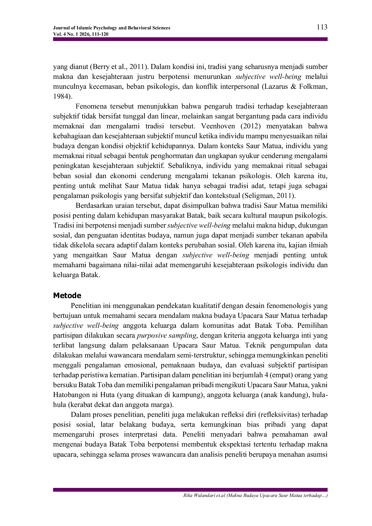 JURIS Makna Budaya Upacara Saur Matua terhadap Subjective Well Being Anggota Keluarga pada Komunitas Adat Batak Toba