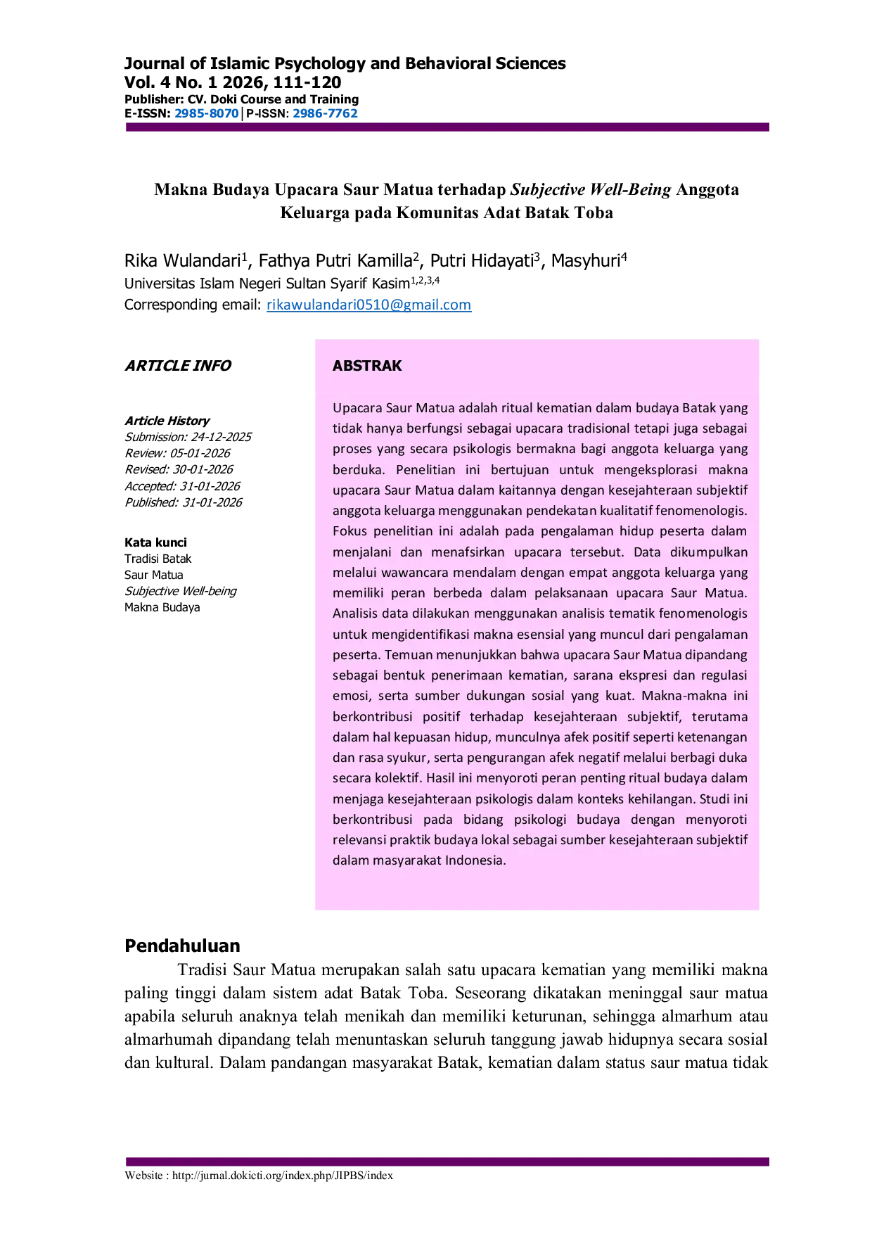 JURIS Makna Budaya Upacara Saur Matua terhadap Subjective Well Being Anggota Keluarga pada Komunitas Adat Batak Toba