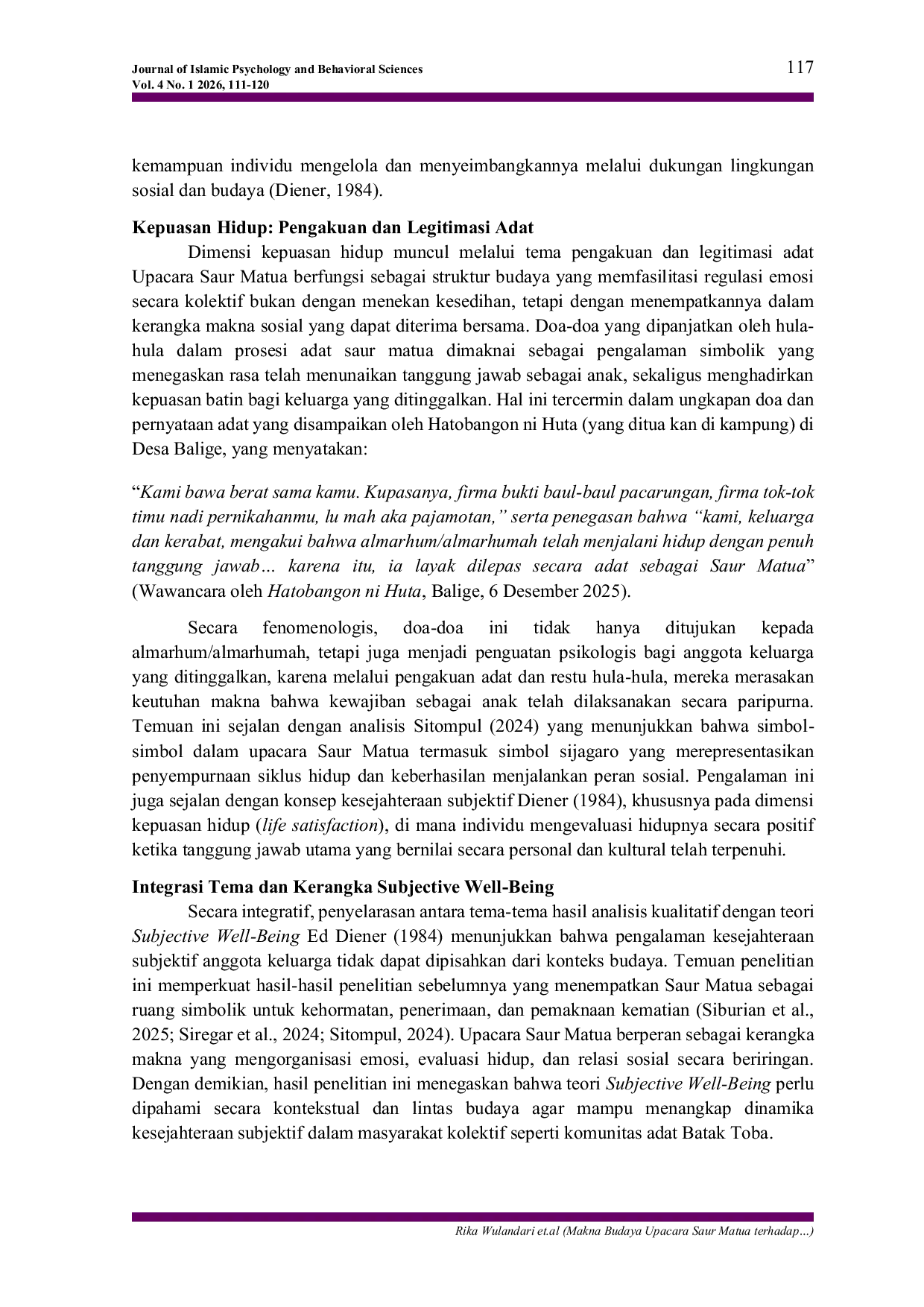 JURIS Makna Budaya Upacara Saur Matua terhadap Subjective Well Being Anggota Keluarga pada Komunitas Adat Batak Toba