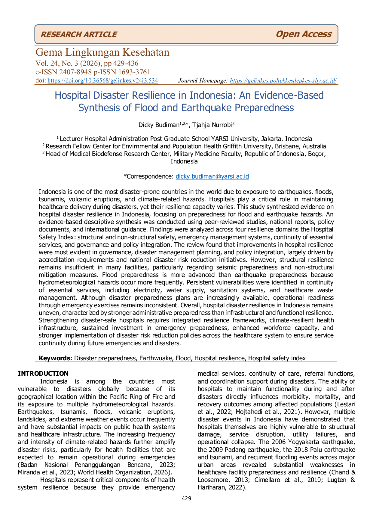 JURIS Hospital Disaster Resilience in Indonesia An Evidence Based Synthesis of Flood and Earthquake Preparedness