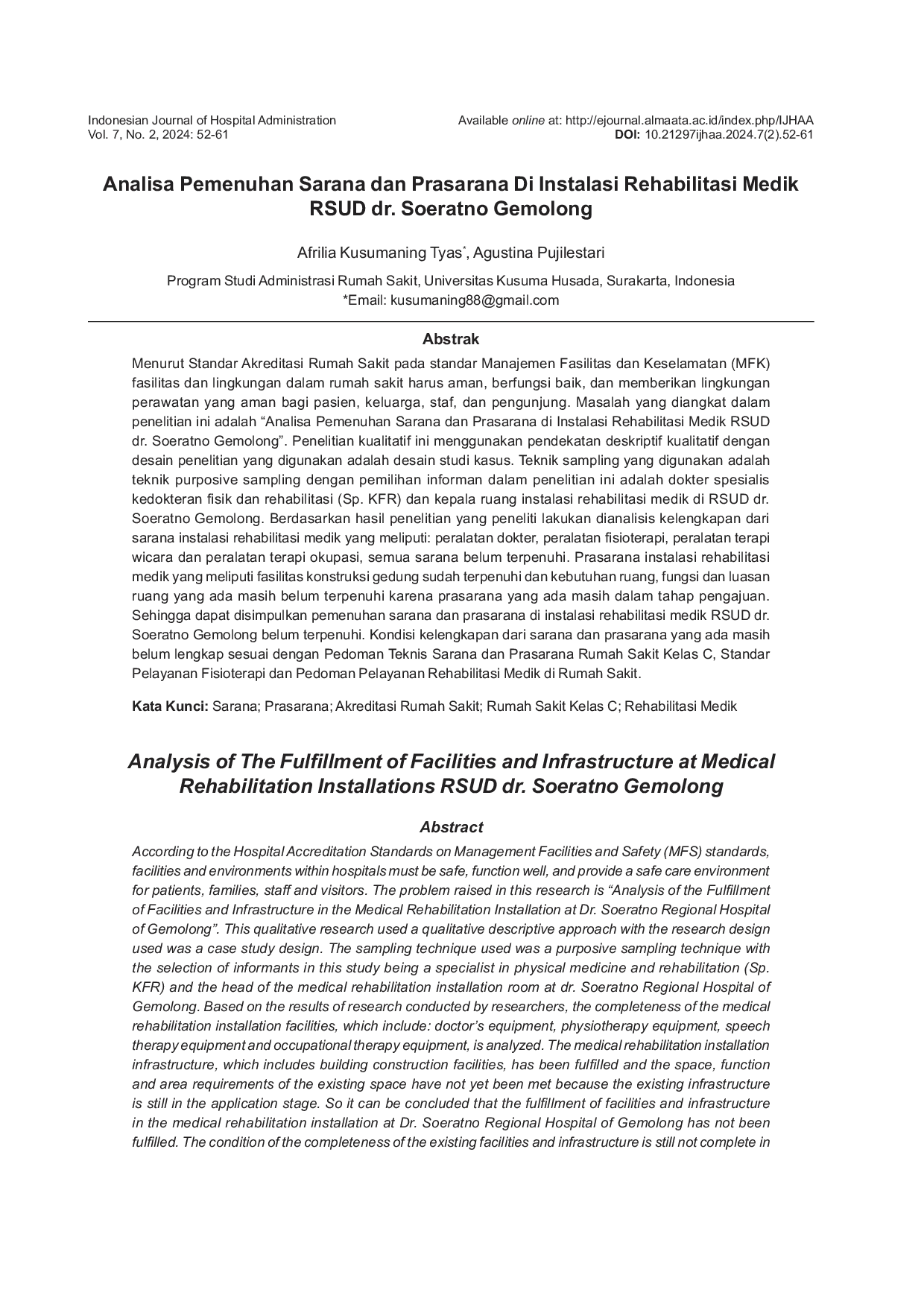 JURIS Analisa Pemenuhan Sarana dan Prasarana di Instalasi Rehabilitasi Medik RSUD dr Soeratno Gemolong