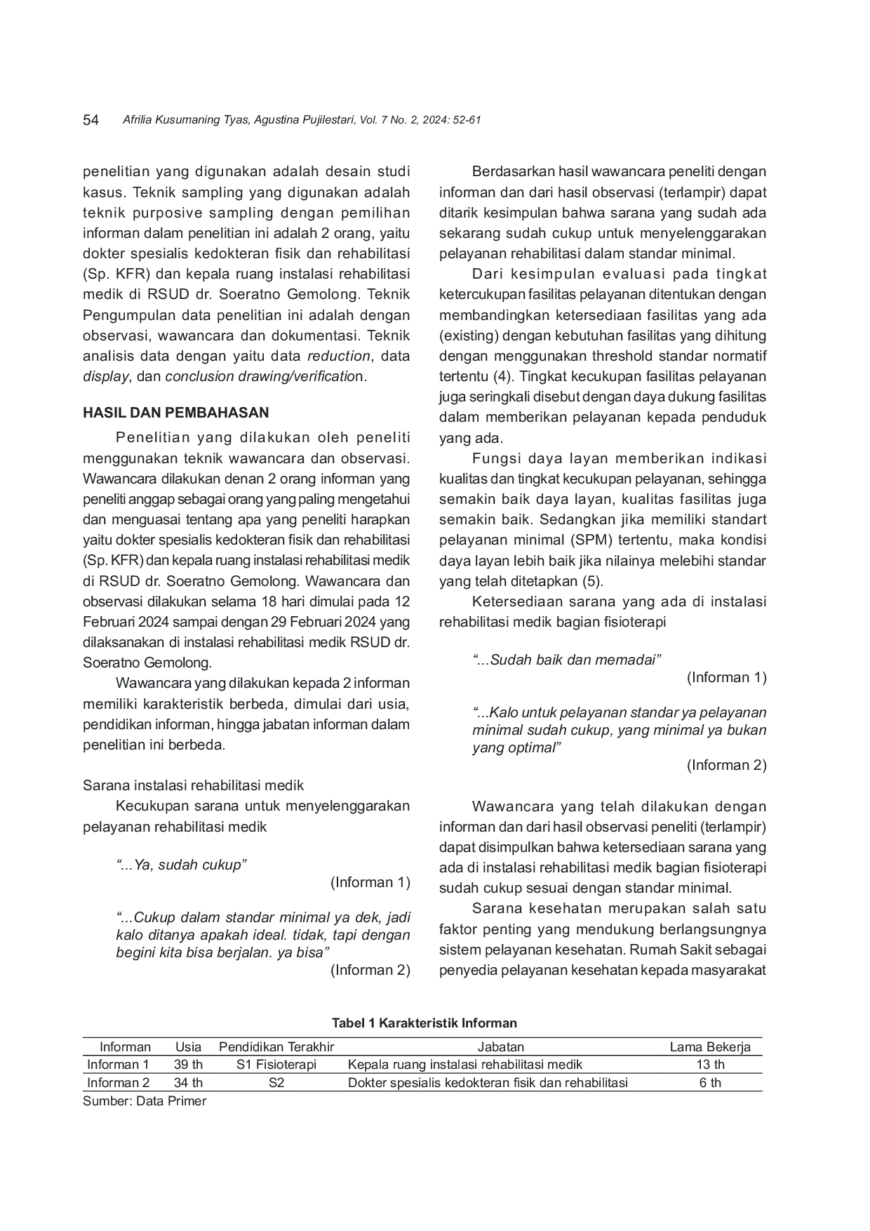 JURIS Analisa Pemenuhan Sarana dan Prasarana di Instalasi Rehabilitasi Medik RSUD dr Soeratno Gemolong