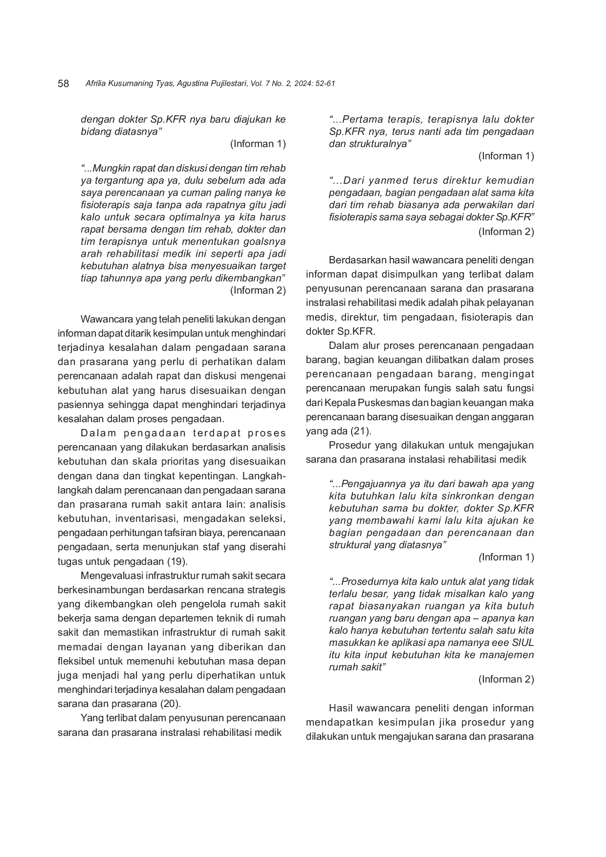 JURIS Analisa Pemenuhan Sarana dan Prasarana di Instalasi Rehabilitasi Medik RSUD dr Soeratno Gemolong