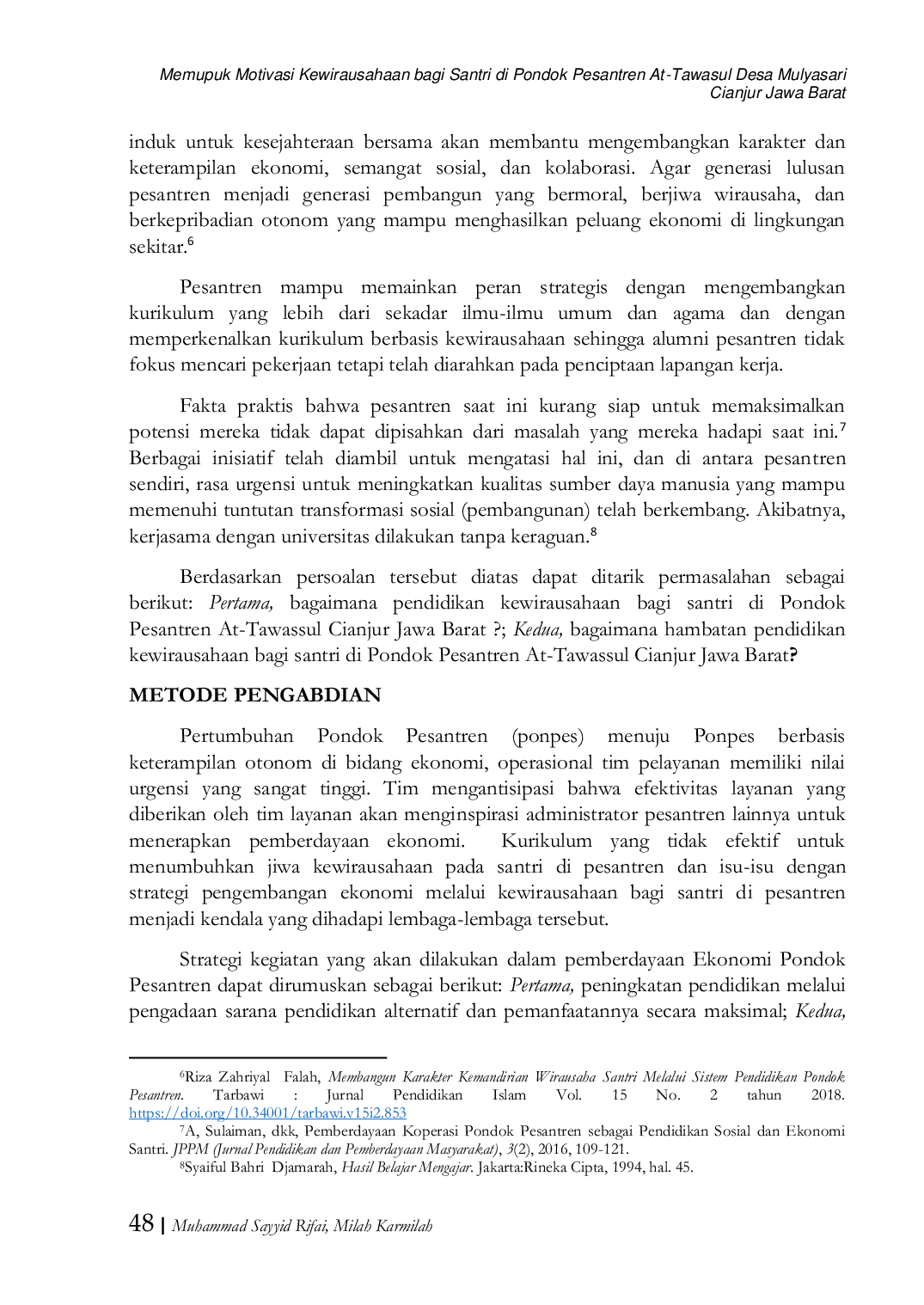 JURIS Memupuk Motivasi Kewirausahaan bagi Santri di Pondok Pesantren At Tawasul Desa Mulyasari Cianjur Jawa Barat