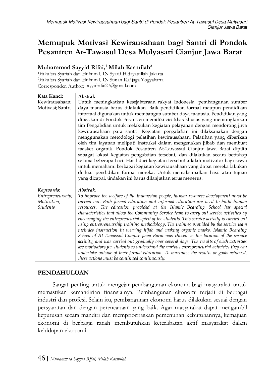 JURIS Memupuk Motivasi Kewirausahaan bagi Santri di Pondok Pesantren At Tawasul Desa Mulyasari Cianjur Jawa Barat