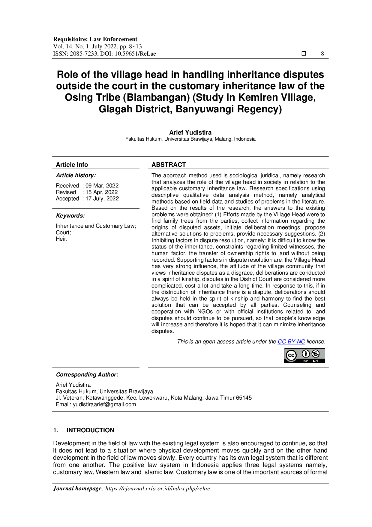 JURIS Peran Kepala Desa dalam Menyelesaikan Sengketa Warisan di Luar Pengadilan dalam Hukum Waris Adat Suku Osing Blambangan Studi di Desa Kemiren Kecamatan Glagah Kabupaten Banyuwangi