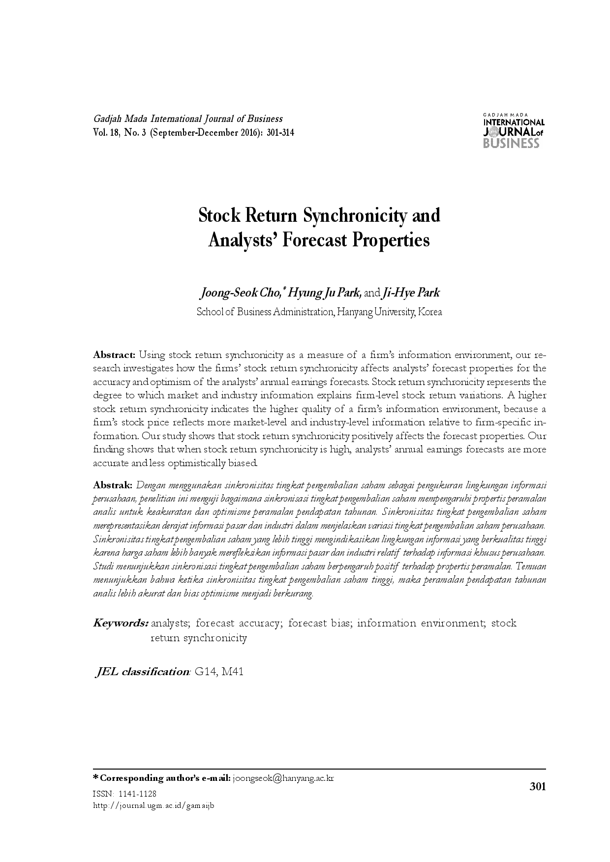 juris Stock Return Synchronicity and Analysts Forecast Properties