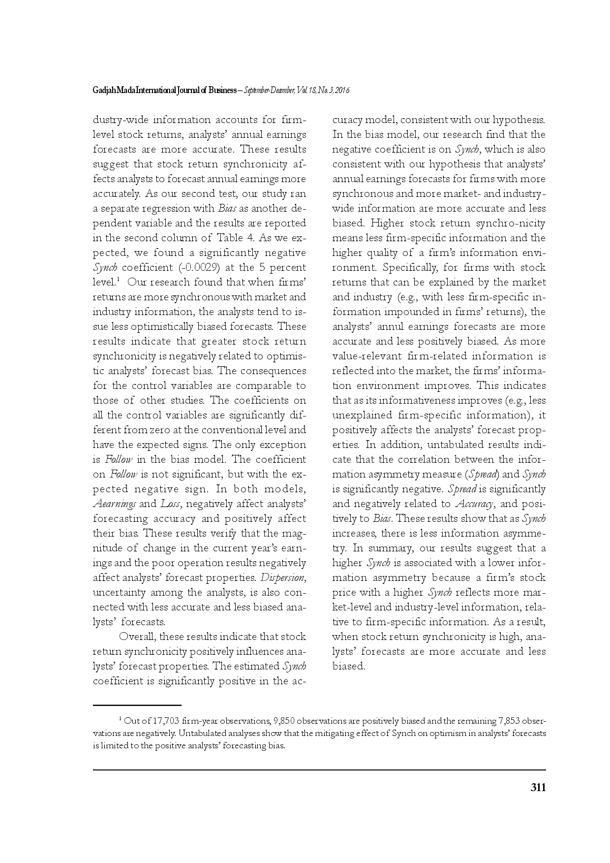 juris Stock Return Synchronicity and Analysts Forecast Properties