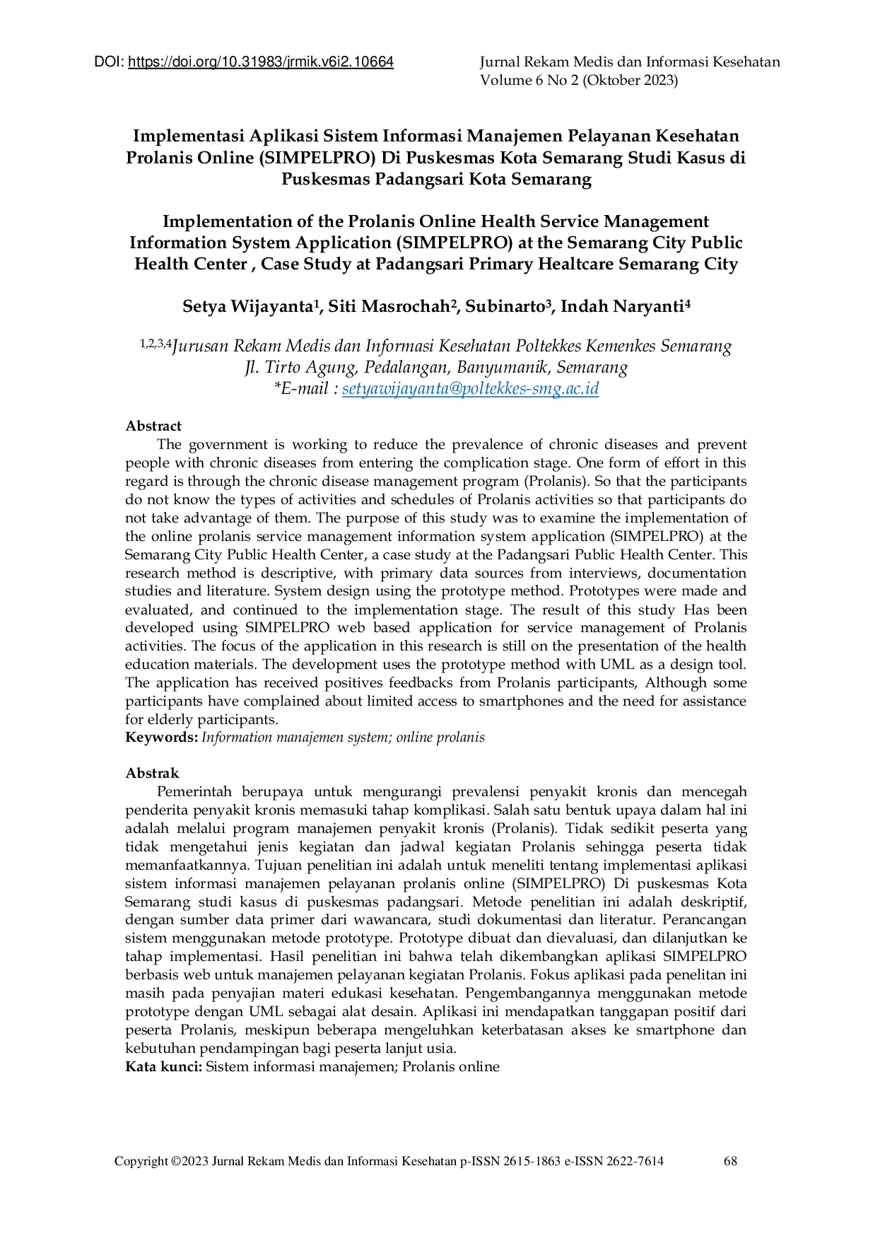 JURIS Implementation of the Prolanis Online Health Service Management Information System Application SIMPELPRO at the Semarang City Public Health Center Case Study at Padangsari Public Health Center Sem