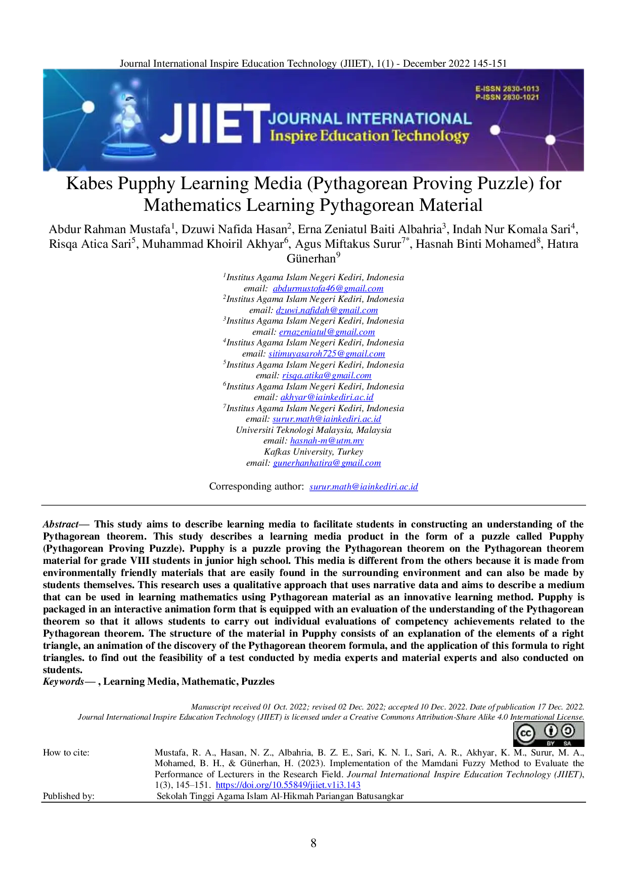 JURIS Kabes Pupphy Learning Media Pythagorean Proving Puzzle for Mathematics Learning Pythagorean Material