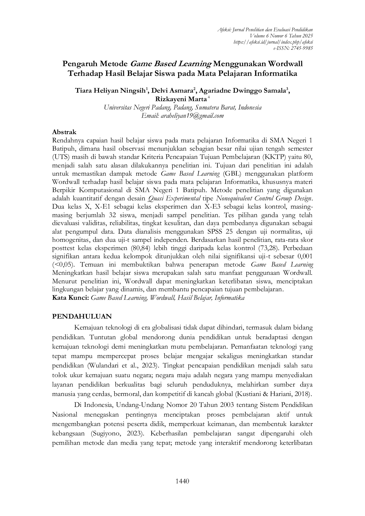 JURIS Pengaruh Metode Game Based Learning Menggunakan Wordwall Terhadap Hasil Belajar Siswa pada Mata Pelajaran Informatika