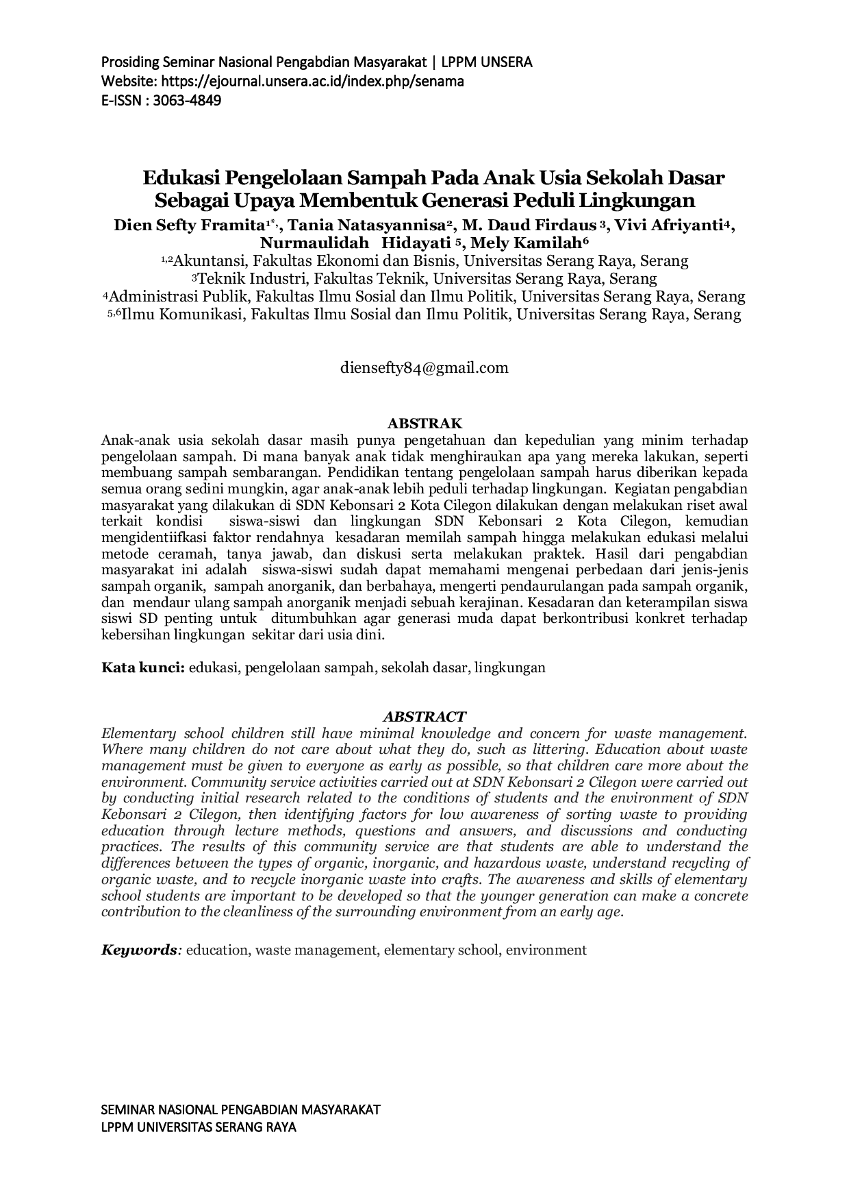 JURIS Edukasi Pengelolaan Sampah Pada Anak Usia Sekolah Dasar Sebagai Upaya Membentuk Generasi Peduli Lingkungan