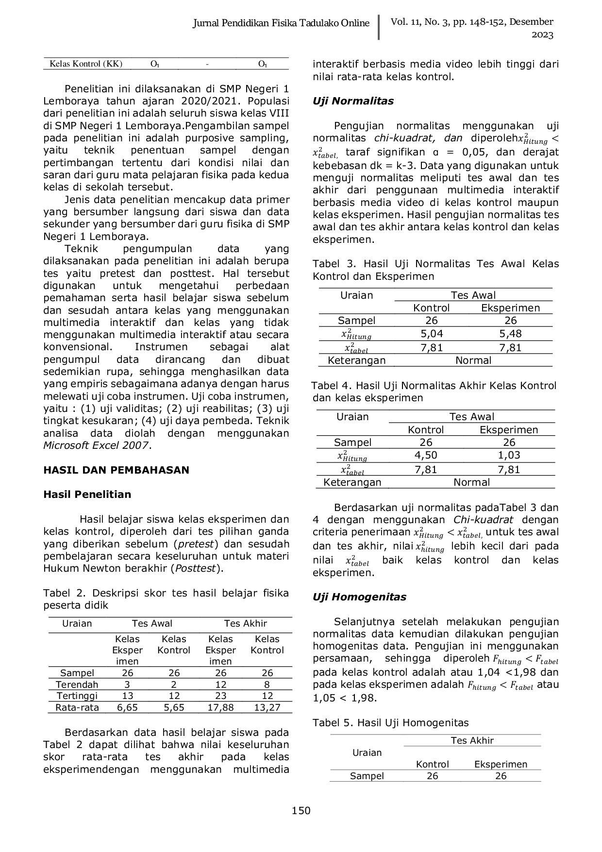 JURIS Pengaruh Penggunaan Multimedia Interaktif Berbasis Media Video Terhadap Hasil Belajar Fisika Pada Siswa SMP Negeri 1 Lemboraya