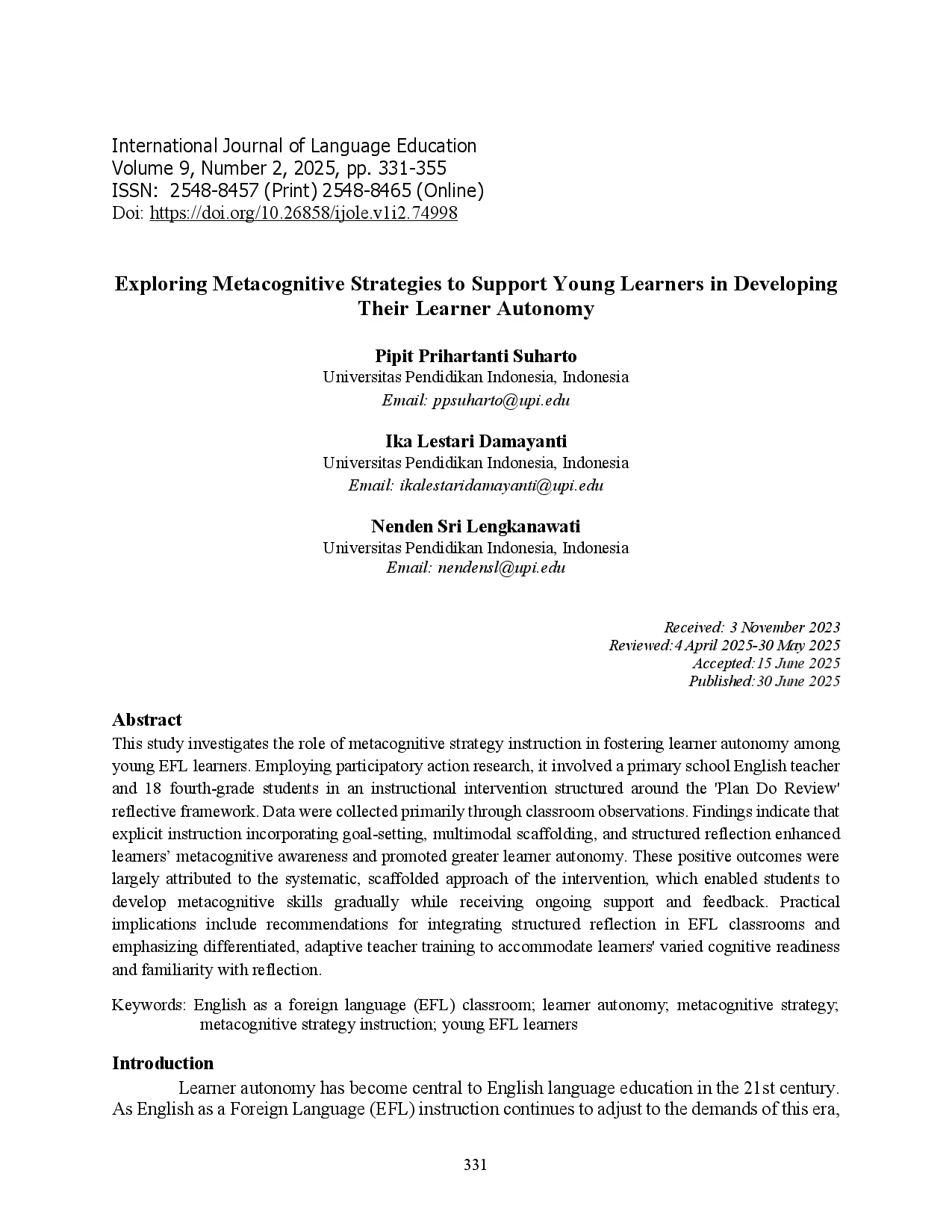 juris Exploring Metacognitive Strategies to Support Young Learners in Developing Their Learner Autonomy