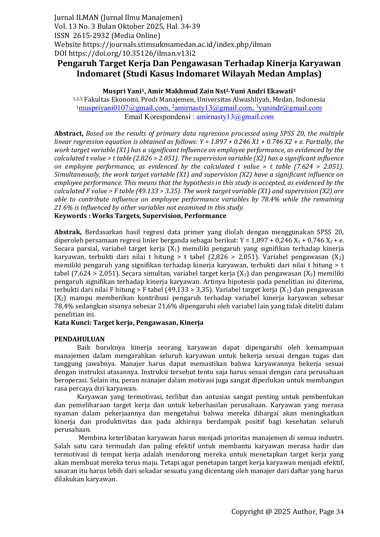 JURIS Pengaruh Target Kerja Dan Pengawasan Terhadap Kinerja Karyawan Indomaret Studi Kasus Indomaret Wilayah Medan Amplas